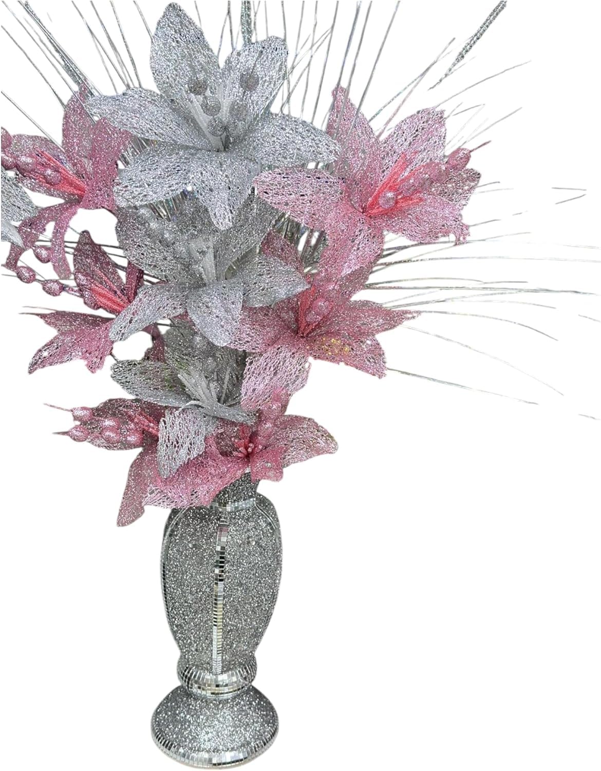 JAYOGLA Decorative Silver Glitter Mosaic Vase with Artificial Flowers, Sparkle Home Ornament, White and Pink
