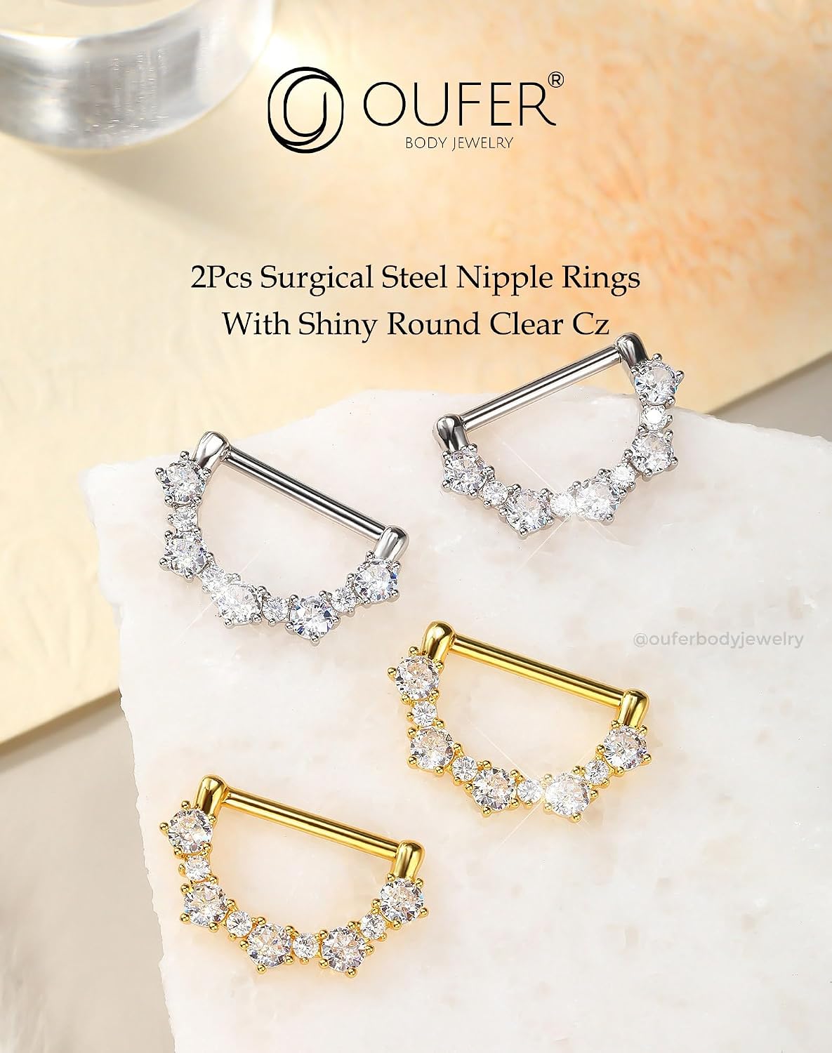 OUFER 2PCS 14G Nipple Rings, 316l Surgical Steel Nipple Piercing Jewelry, Round Clear CZ Nipple Barbells, Clicker Nipple Rings For Women- Silver/Gold