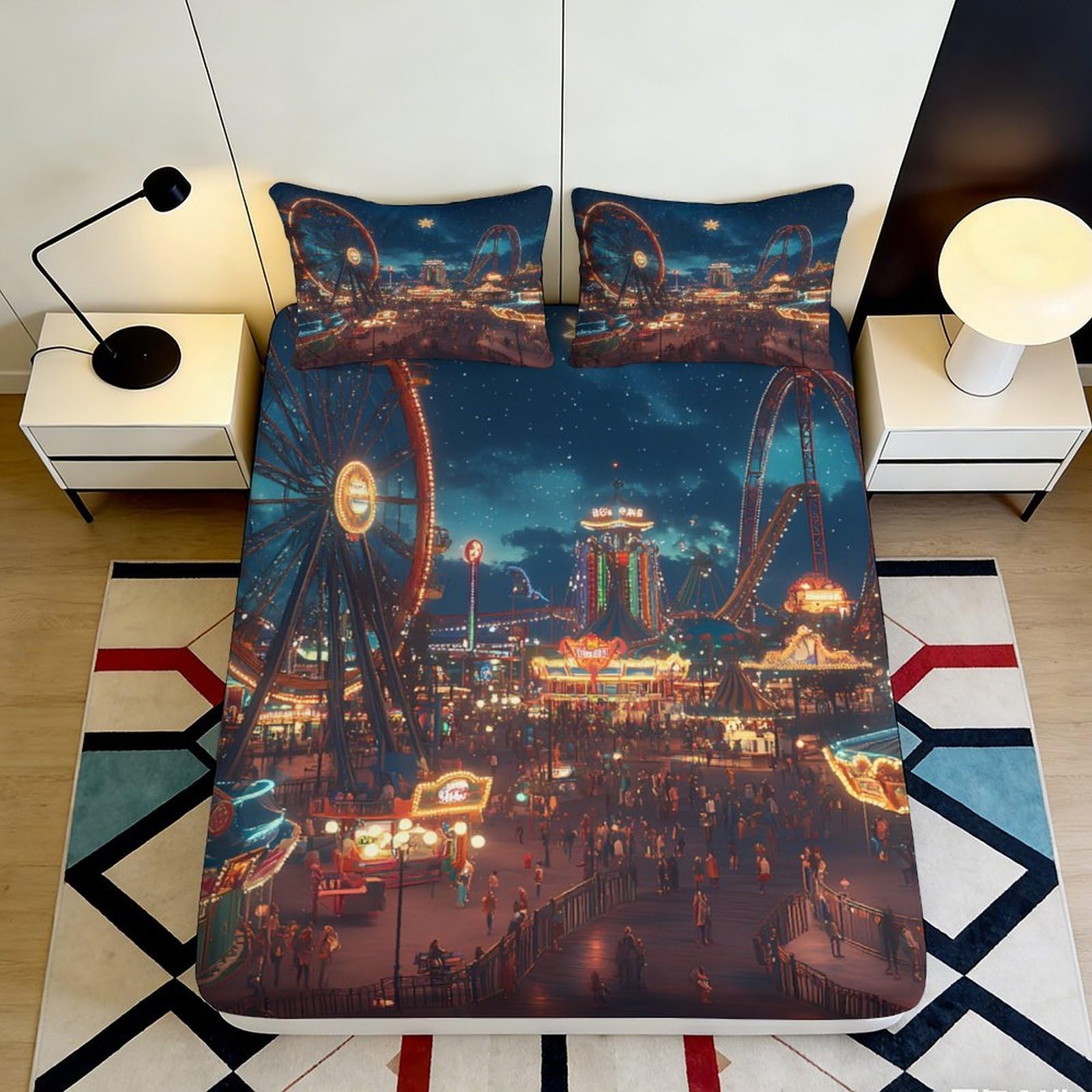 3D Printed Night Amusement Park Fitted Sheet Microfiber Soft Carnival Ferris Wheel Mattress Cover for Bedroom Decor 90x200x25cm