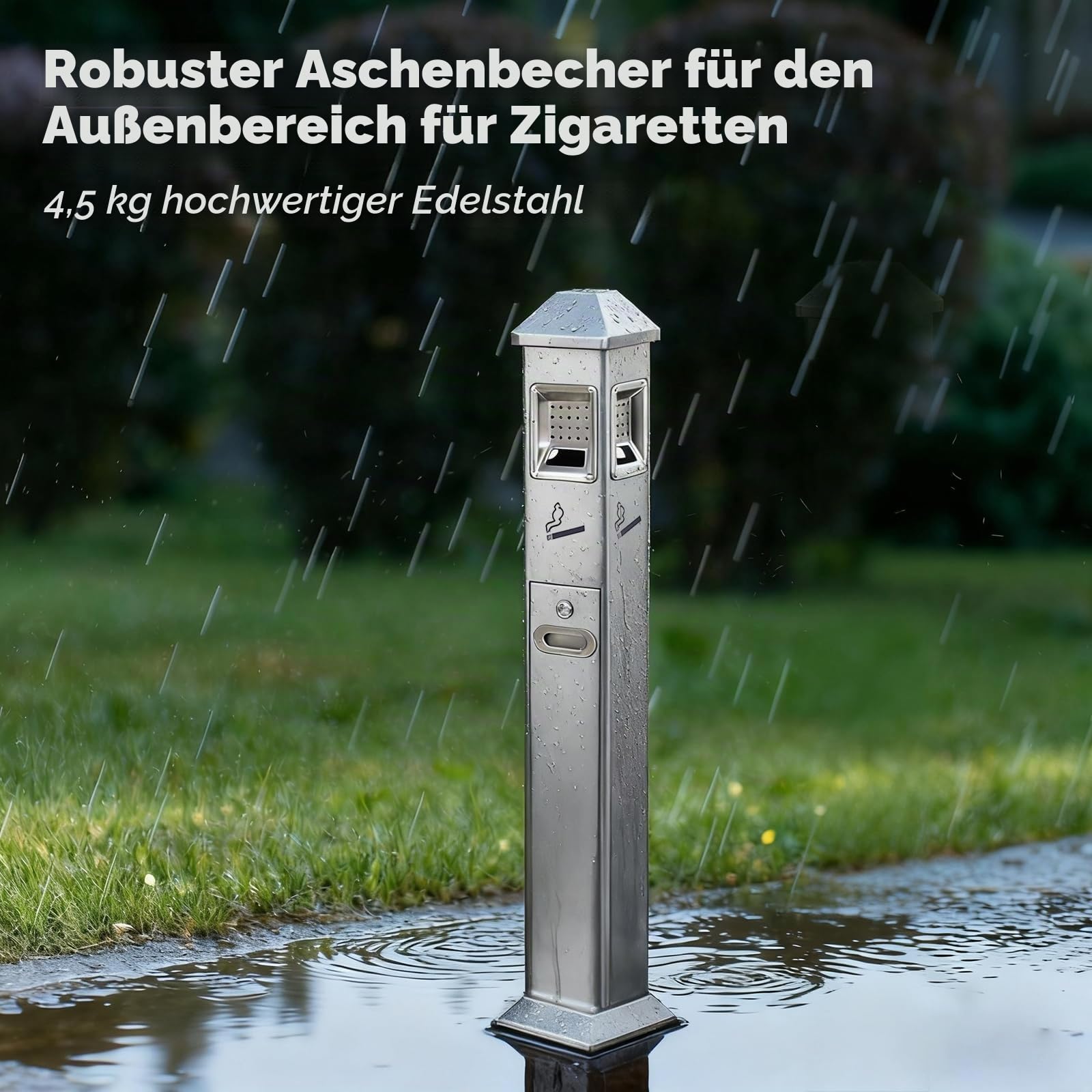 1,2M Aschenbecher für Draussen,Standaschenbecher mit Schlüssel,Edelstahl rutschfester Boden, Geeignet für zu Hause,Bars, Terrasse, Restaurant (Silber)