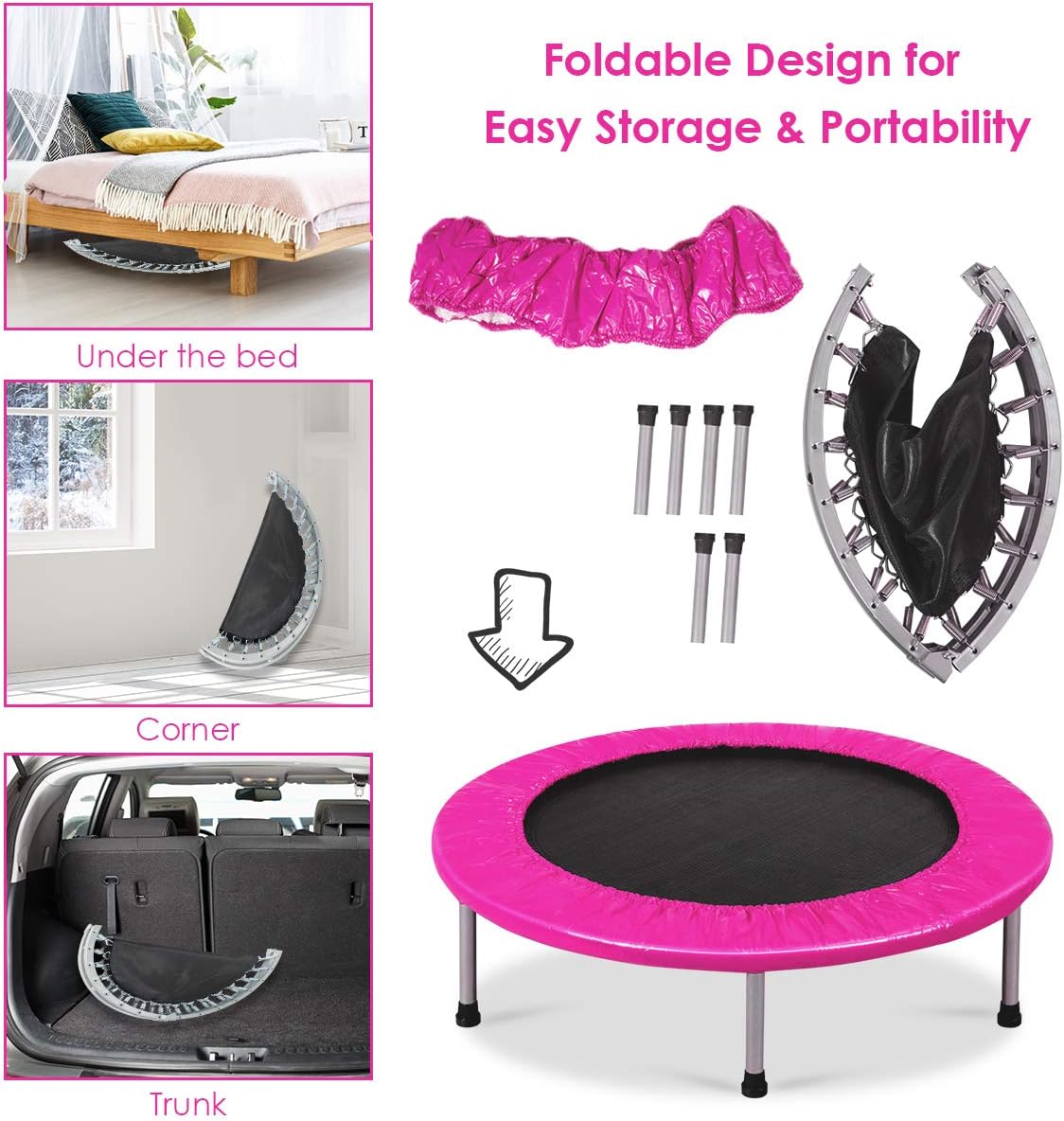 Giantex Mini Fitness Trampoline for Adults and Kids, 38 Inch Rebounder Trampoline, with Padding & Springs Elastic Safe for Indoor Outdoor Exercise Workout, Foldable Exercise Trampoline (Pink) : Sports & Outdoors