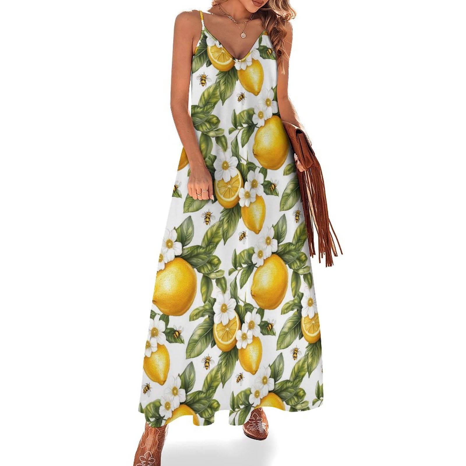 Long Summer Dresses for Women 2025 Vacation - Bee and Lemon Print Beach Spaghetti Strap Maxi Sundress