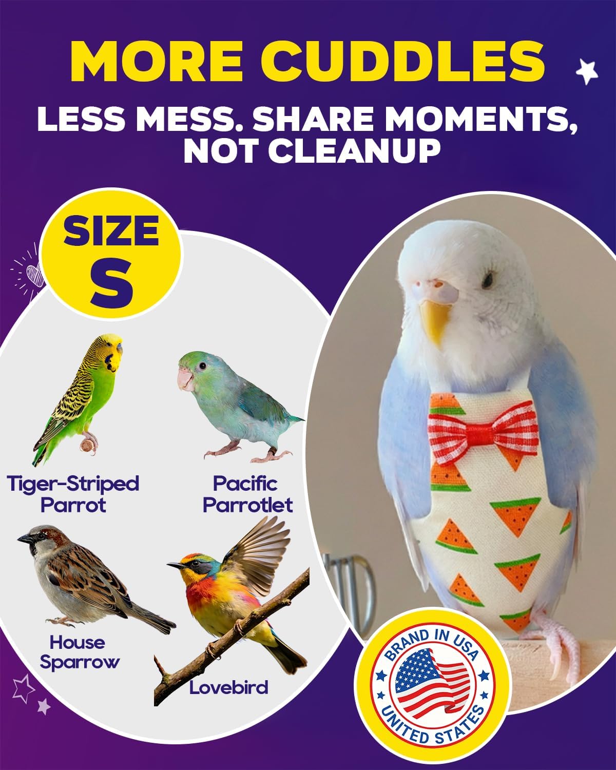 6Pcs Reusable Bird Diapers – Washable Parrot Nappy with Waterproof Lining & Adjustable Straps for Pigeons, Cockatiels, Conures, Parakeets, Budgies, and Small Birds(S) image 5