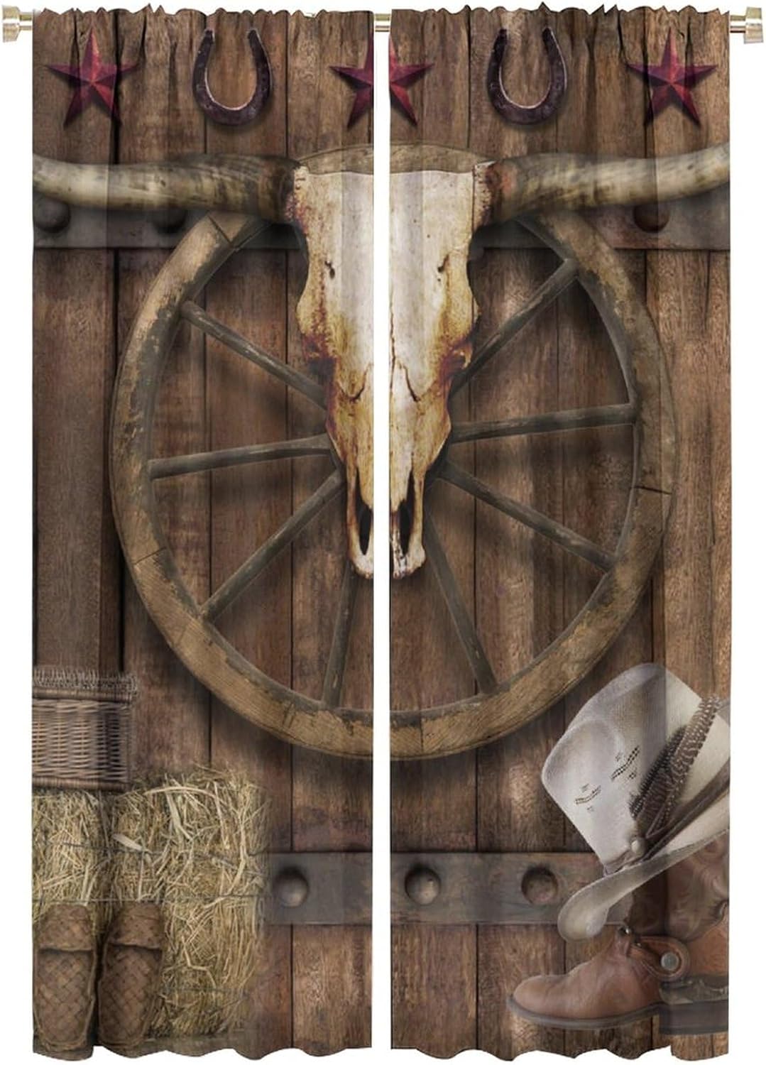 Brebasf Western Cowboy Cow Skull Blackout Curtains Rustic Vintage Wooden Board Cowboy Boots Wheel Farm Window&Drapes Thermal Insulated Darkening Rod Pocket Curtains for Bedroom 2 Panels 63" L x 21" W
