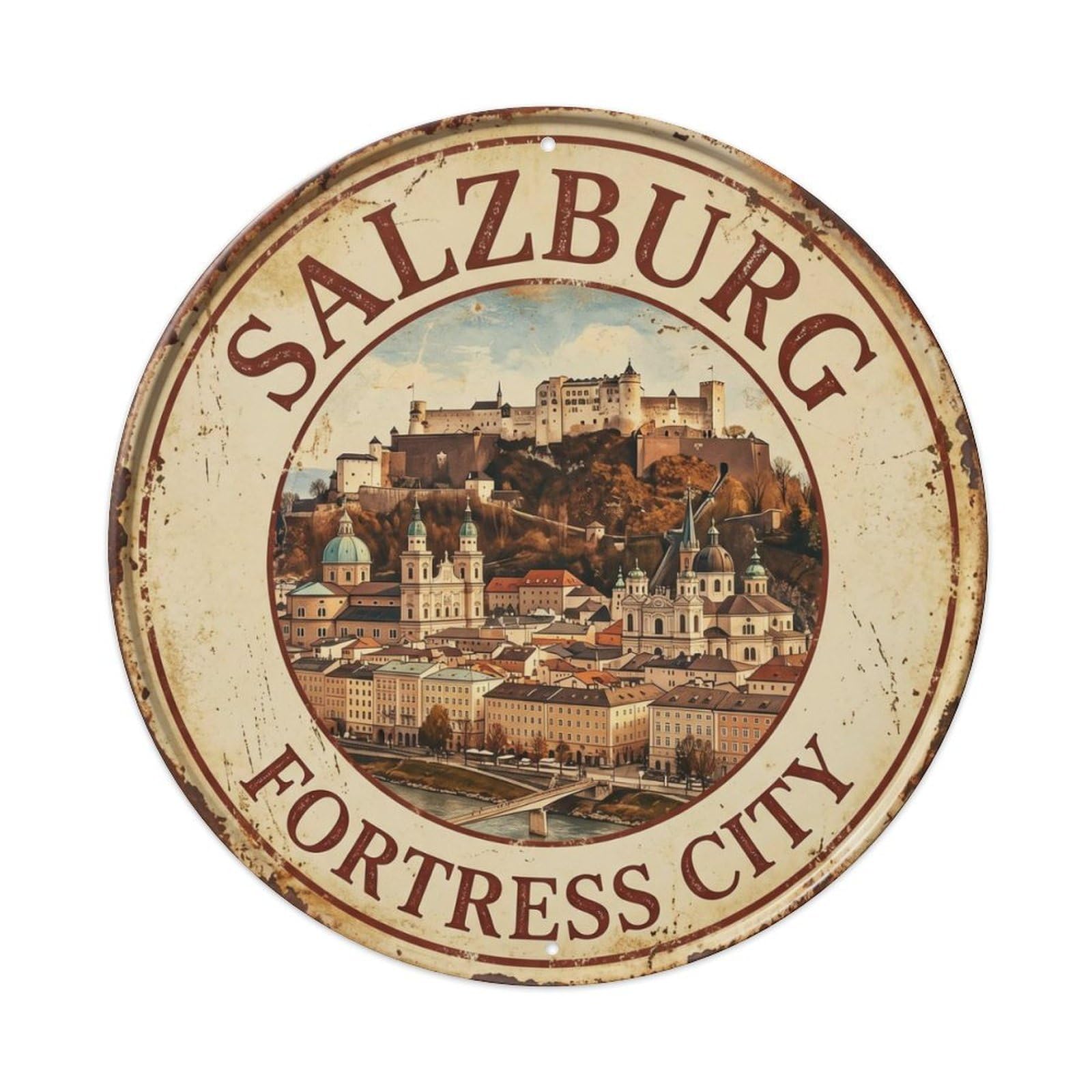 Vintage Travel Salzburg Austria Fortress Metal Tin Sign Plaque Wall Decor for Cafe, Club, Garden Round Metal Poster 8x8Inch