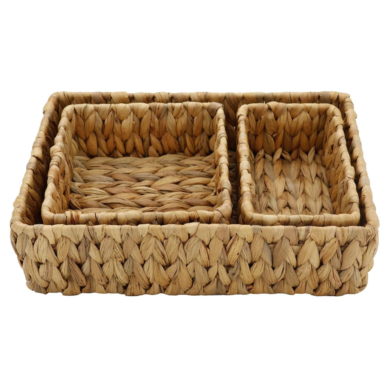 Water Hyacinth Storage Basket Set Hand Woven Natural Wicker Organizer with Open Shelf Design for Bathroom, Kitchen, Closet Dresser Decorative Rectangular Storage Boxes Mini Trays (Medium)