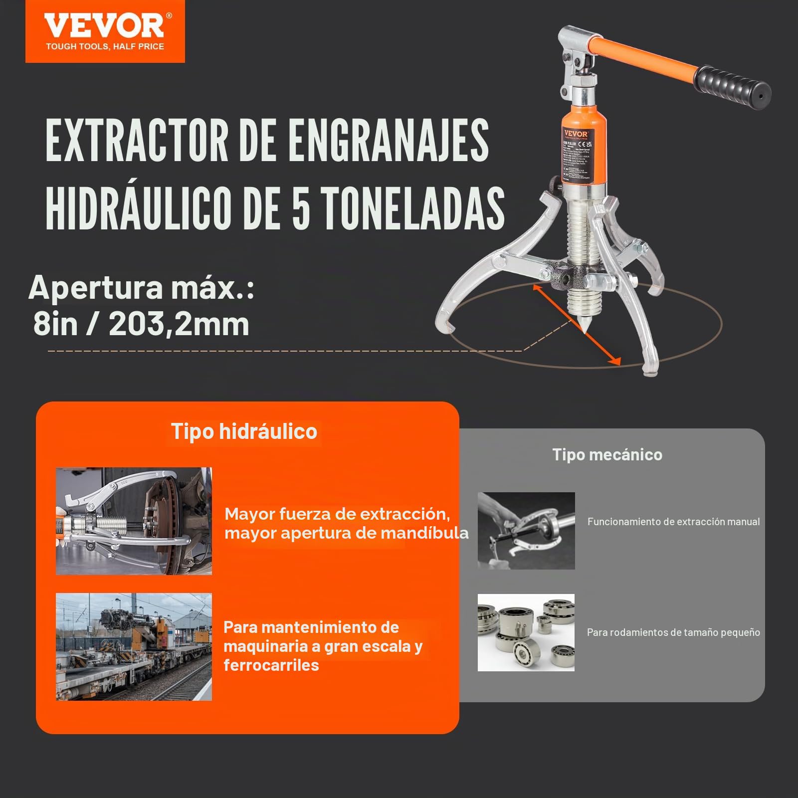 Extractor hidráulico de engranajes VEVOR, separador de tracción de rodamientos de rueda de capacidad máxima de 5 toneladas, extractor de 2 o 3 mandíbulas, vertical y horizontal, extractor hidráulico d