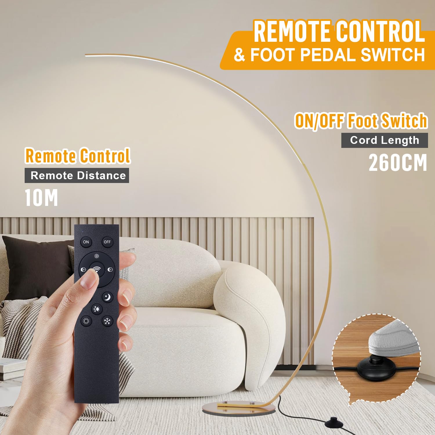 Lámpara de Pie Salon LED, 25W Regulable Lámpara de Pie Arco con Mando a Distancia, Moderna Lampara Pie Luz de Lectura para Salas de Estar, Dormitorios, Oficina, Dorado, 165cm