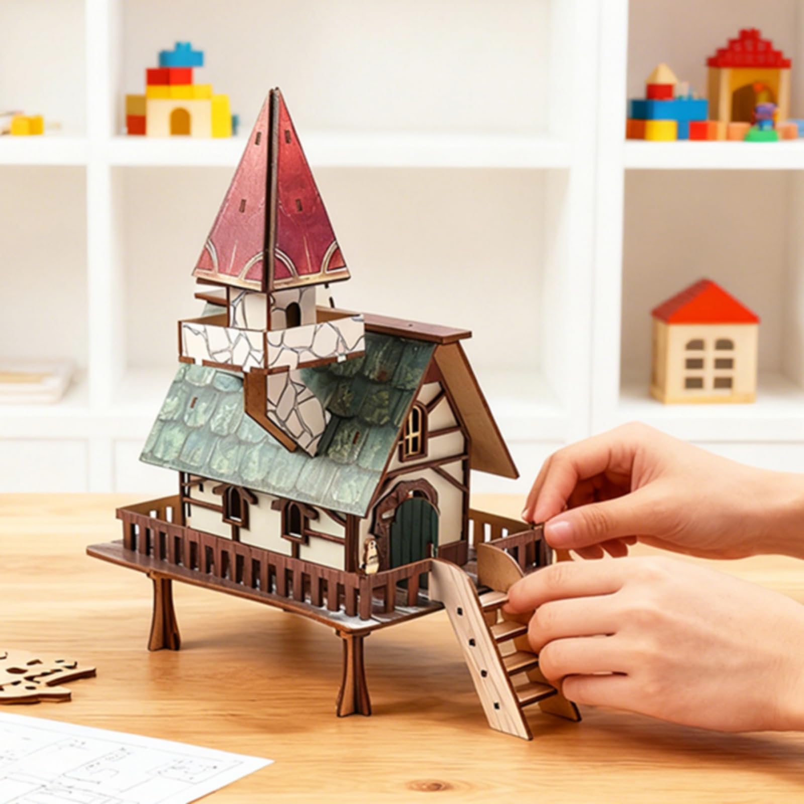 Maqueta 3D Casa Hadas Tallado con Torreta y Chimenea Creativo Adorno para Dormitorio