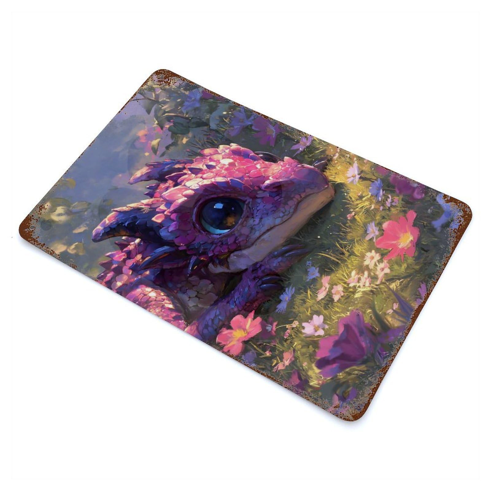 Rust Effect Cute Pink Dragon in Flower Meadow Vintage Rust Metal Sign 11.8"x7.9", Old School Wall Decor for Cafe, Home Bar And Lounge Decor