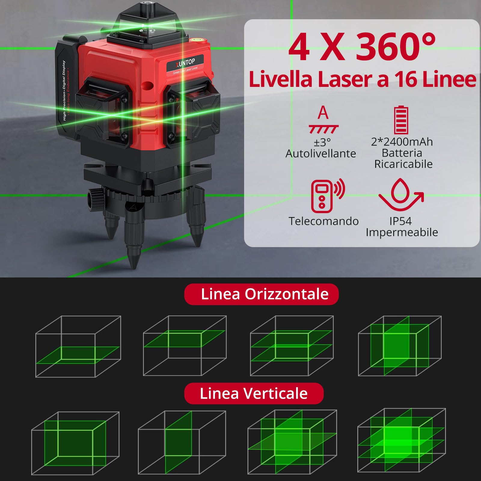 XUNTOP Livello Laser Autolivellante 16 Linee Verde Livella Laser 4x360° Autolivellante con Telecomando, 2 Batterie Ricaricabili, Supporto Magnetico, Base Regolabile, IP54, USB-C per Interni DIY