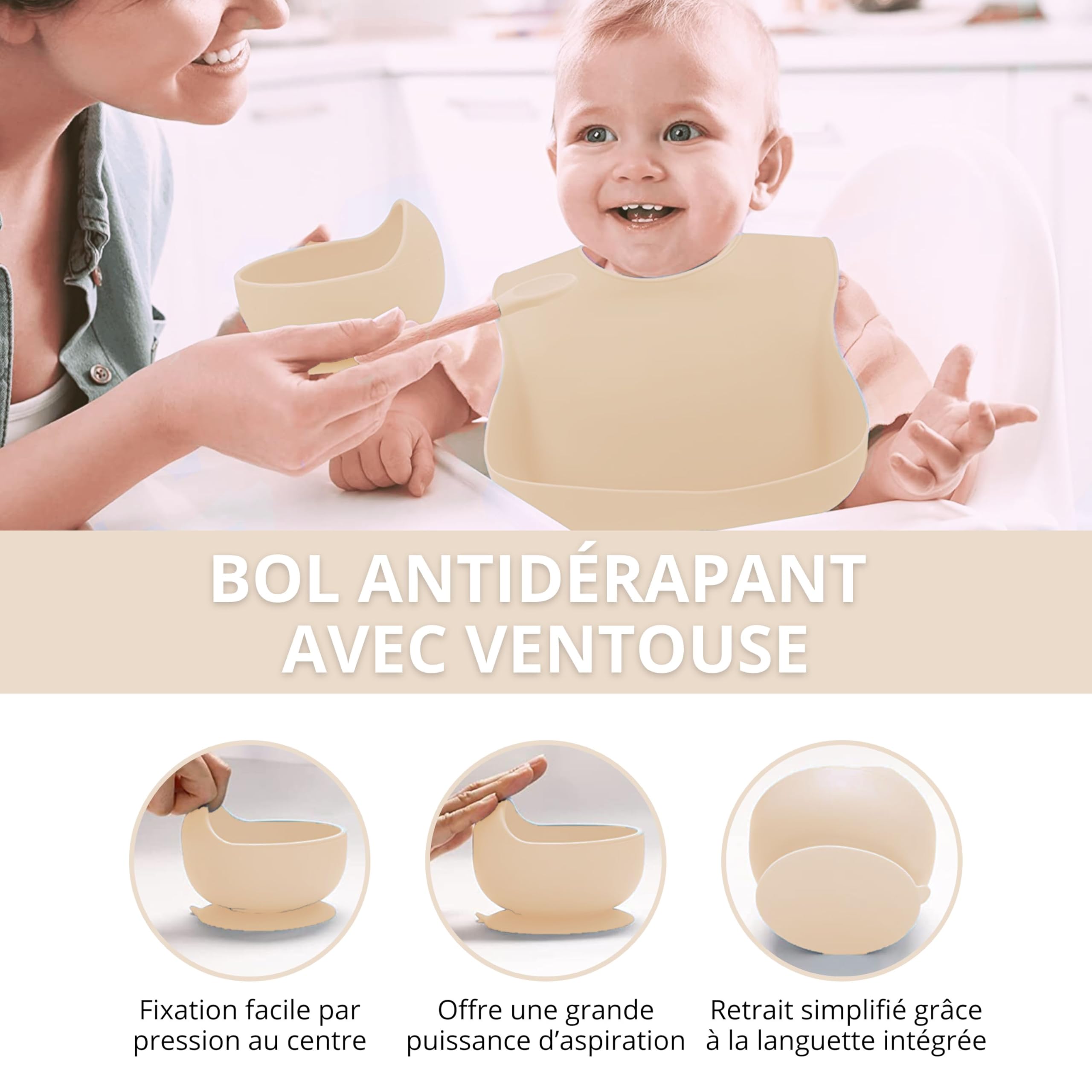 TudoBem Coffret Repas Bebe Accessoire 8 Pièces Set Vaisselle Bebe 1er age Assiette Bebe Bol Ventouse Bébé Cadeau Bebe Garcon Vaisselle Enfant Complete Beige