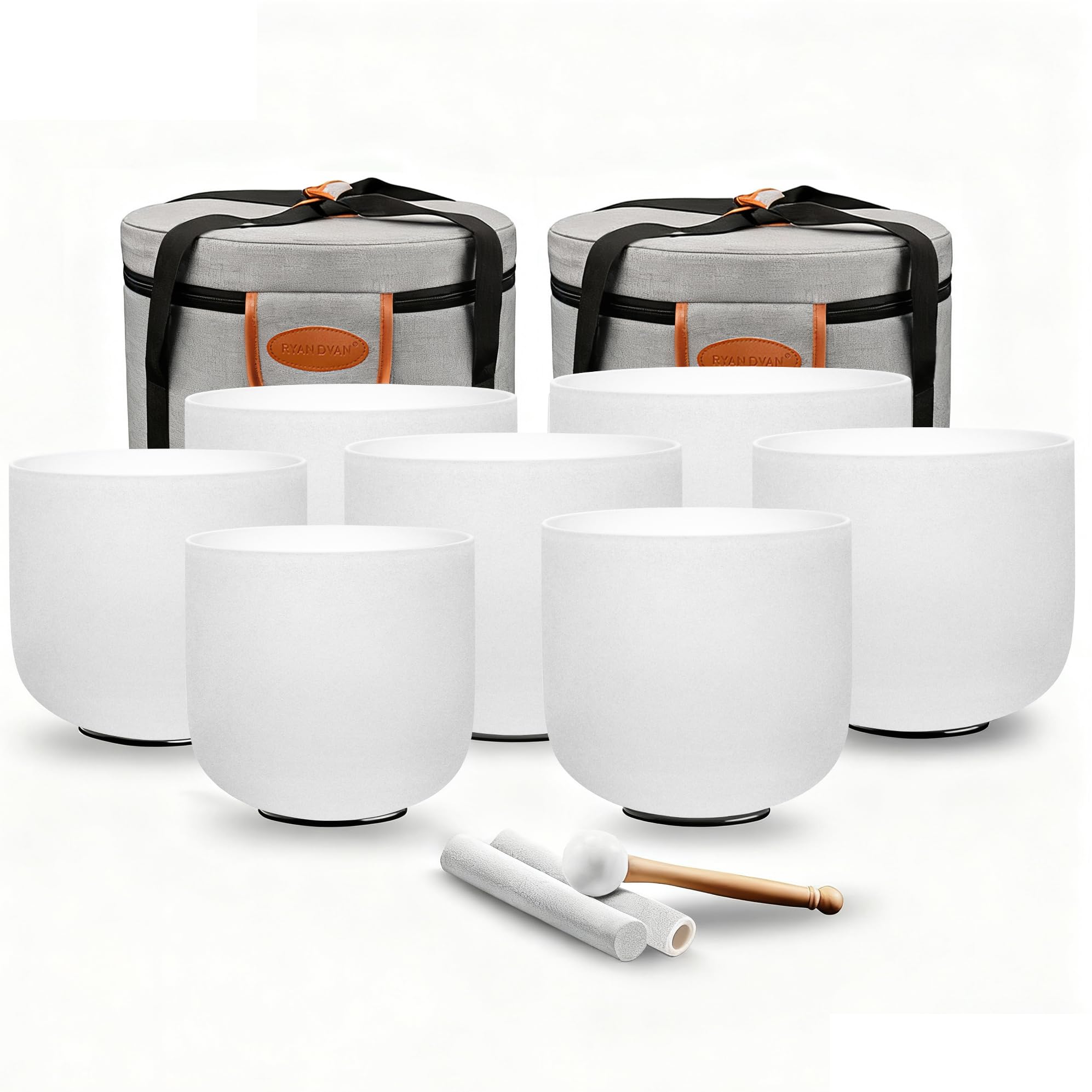 RYAN DVAN 432Hz 7-12 inch Crystal Singing Bowl Set of 7 with Free Carrying Case, Frosted Quartz Sound Bowls for Chakra Healing, Meditation,Yoga,Sound Therapy,Mindfulness,Relaxation & Stress Relief