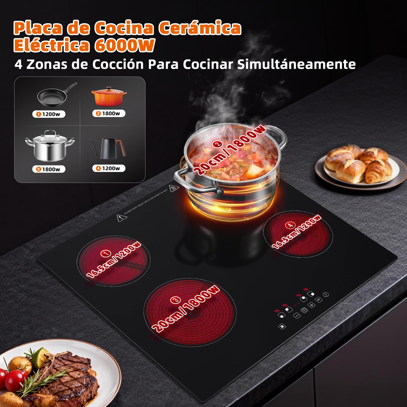 Placa Vitrocerámica Eléctrica de 4 Fuegos, 60cm Incrustar, 6000W, Compatible con Todo Tipo de Menaje, Control Táctil, 9 Niveles, Temporizador 1-99 Min
