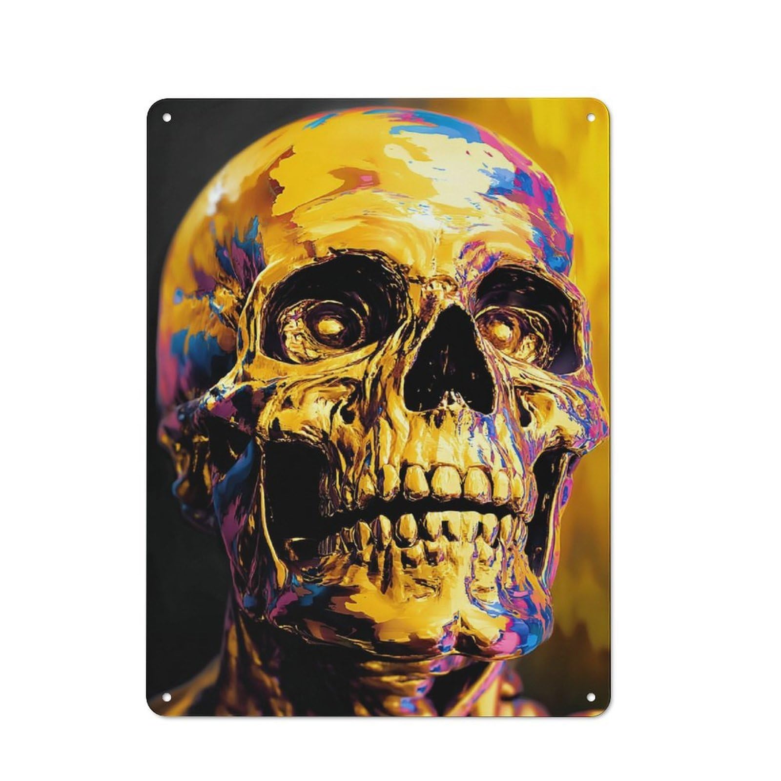 Junmoney Golden Skull Artwork -1 Rustic Tin Wall Plaque 40X30cm For Kitchen Or Home Bar, A Winter Wall Decor Update For Kitchen Decor Lovers