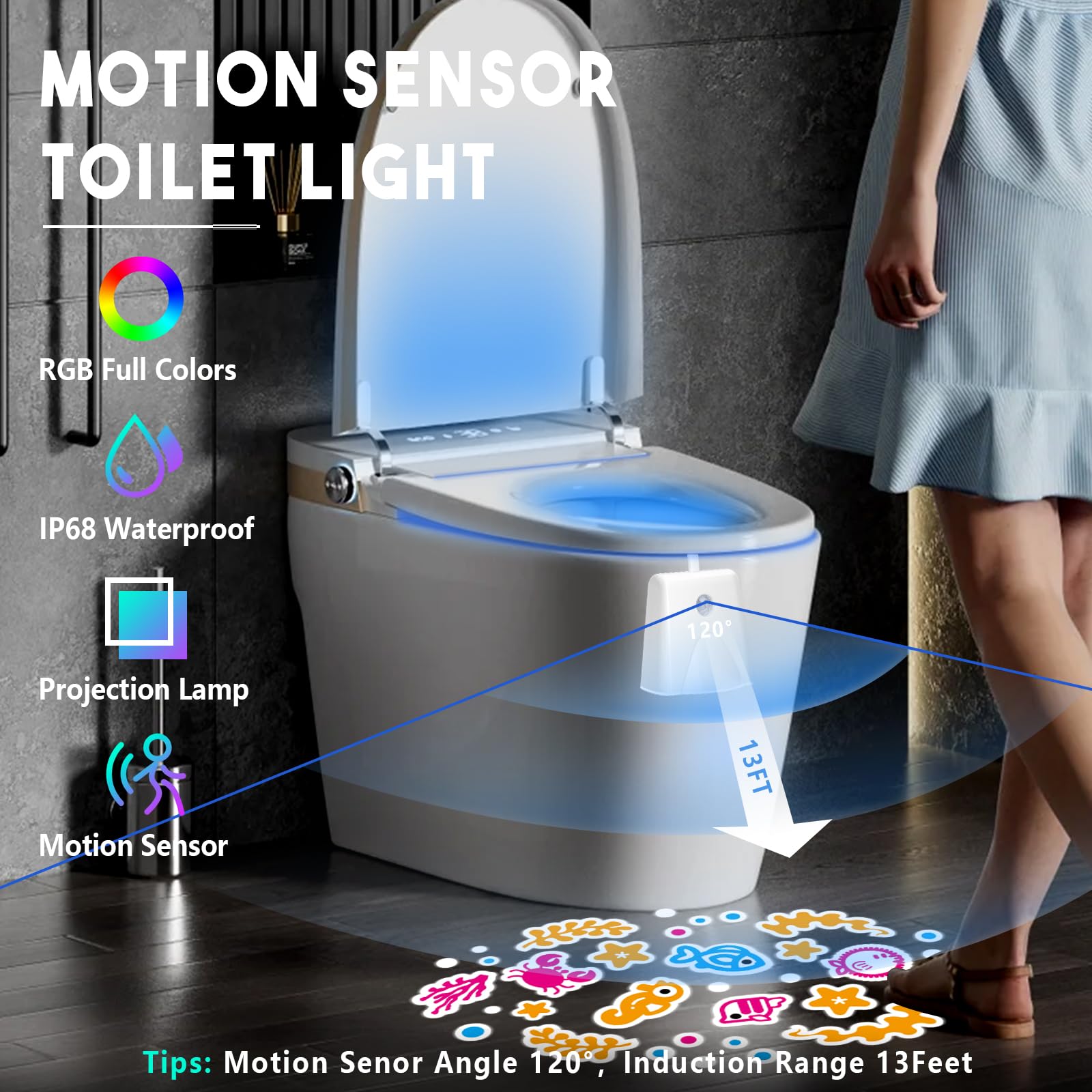 Luce LED Per WC/Sensore Di Movimento Per WC E Bagno/Luce Notturna Con 8 Colori Diversi Plastica Bianco 84488050