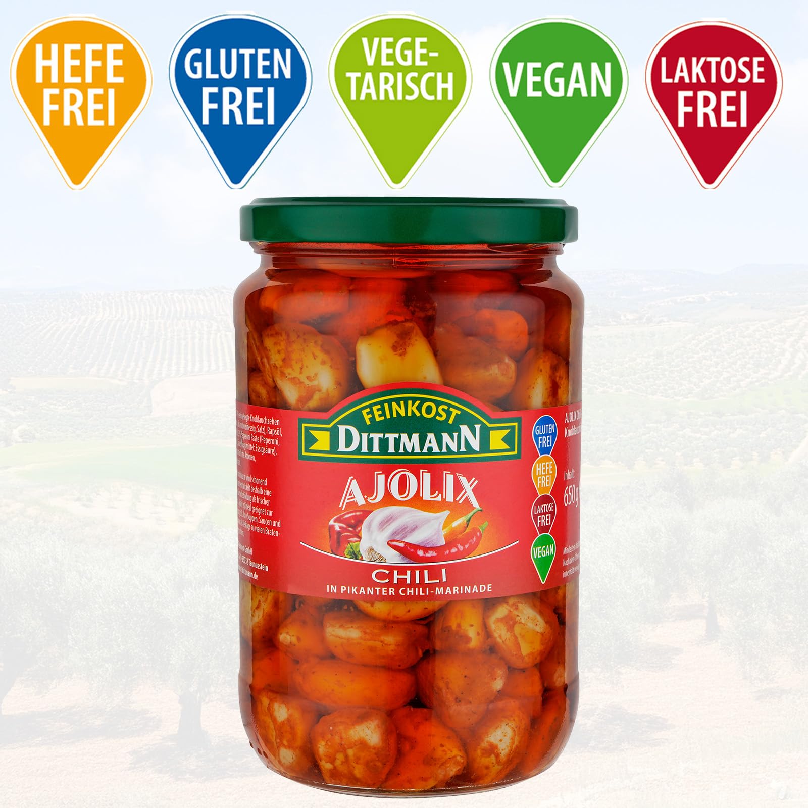 Feinkost Dittmann Ajolix Chili Knoblauch 650g 3er Pack – Antipasti | pikant eingelegte Knoblauchzehen in Chili-Pflanzenöl – verzehrfertig für Salate & mediterrane Küche
