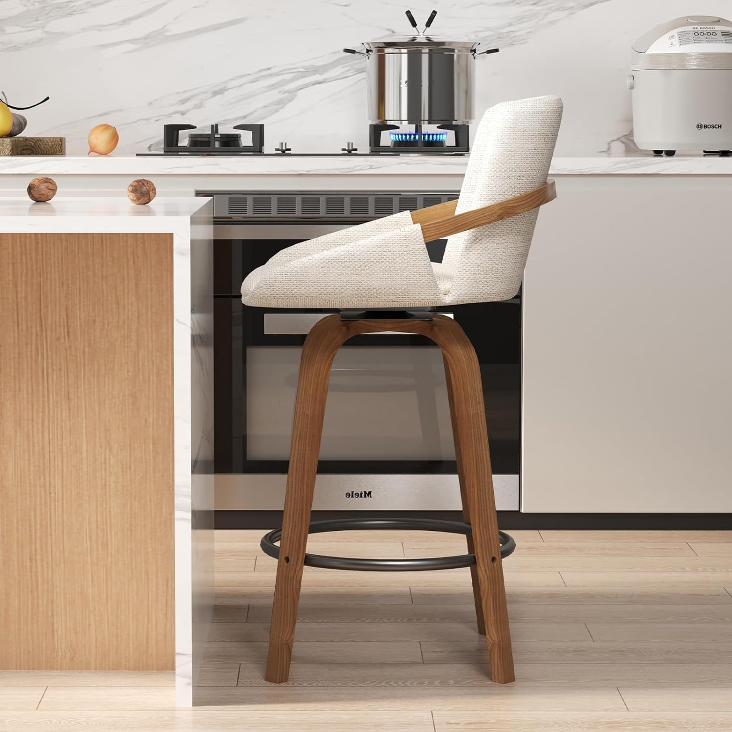 Modern Swivel Bar Stools Set of 2, 26 Inch Counter Height Bar Stools with High Backrest, Linen Wood Upholstered Chairs for Kitchen Counter, Beige