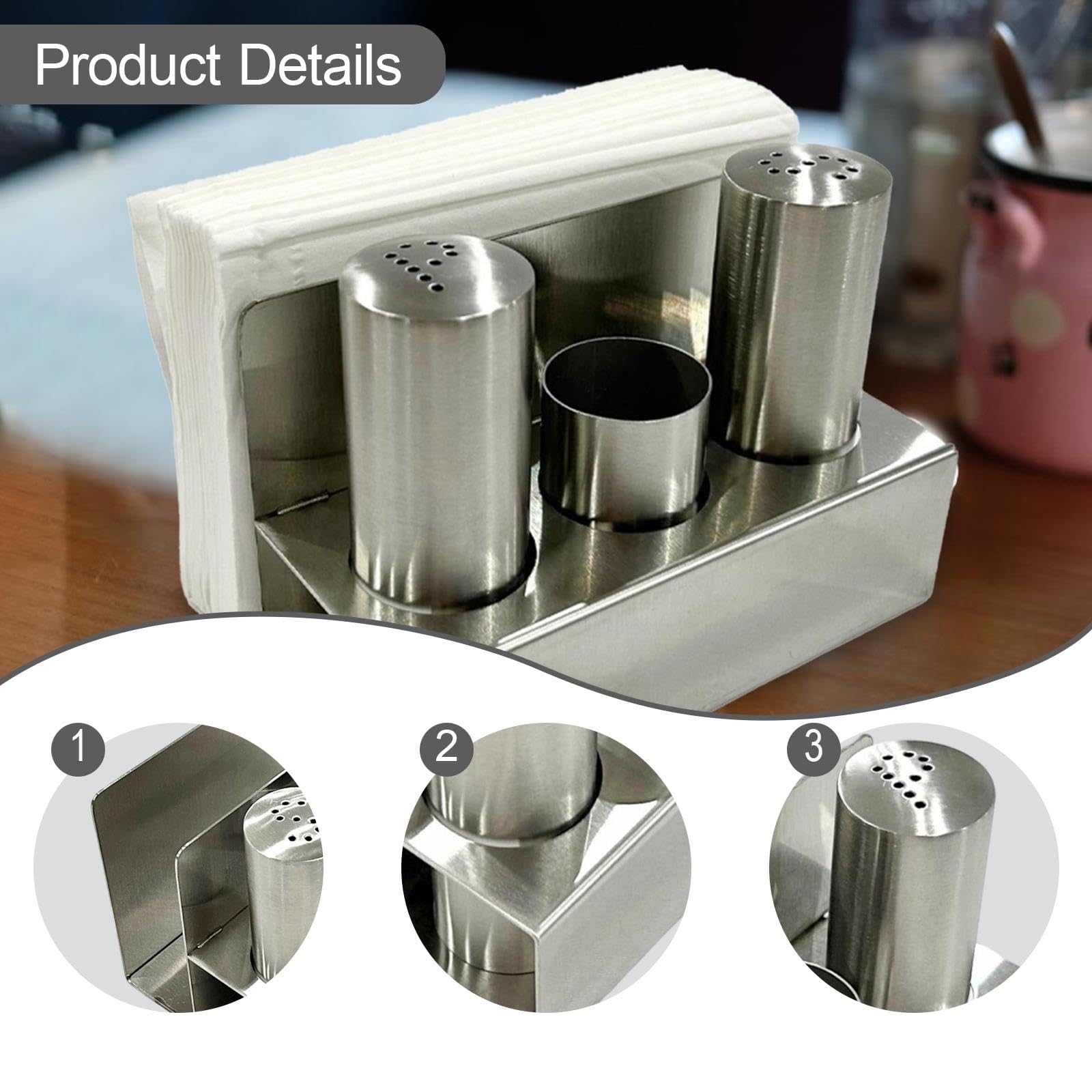Y Juego de Salero con Servilletero con Base, Utensilios de Cocina, Frascos para Condimentos, Botella de Pimienta para Mesa de Comedor de Cocina, Acero Inoxidable, tal como se describe