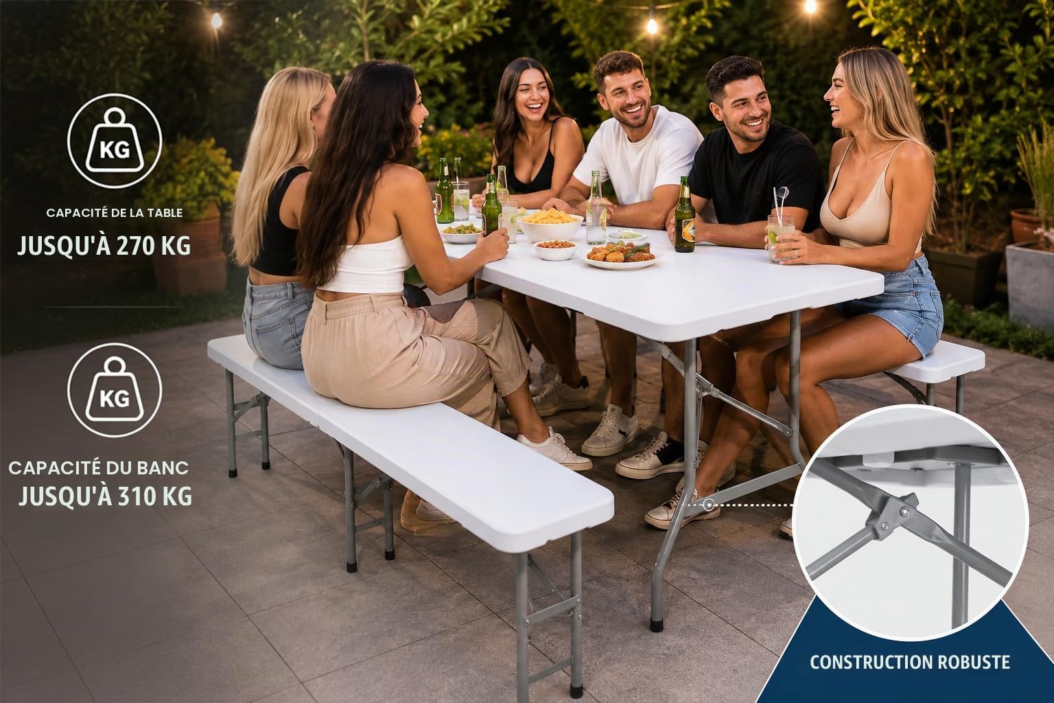Ensemble Table 2X Banc de Jardin en Plastique Traiteur Pliante Table Buffet Picnic Plateau Camping Pliable avec Poignée en Blanc