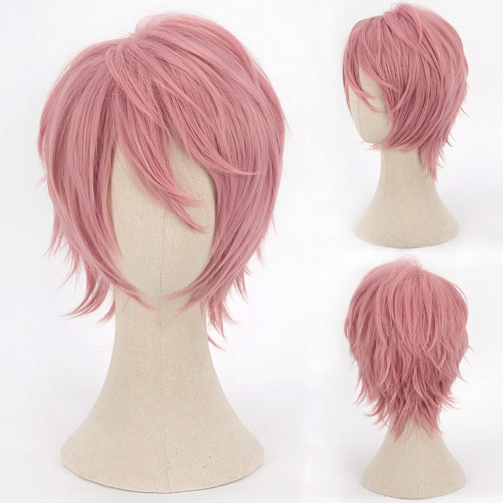 YOGFIT Men's Short Straight Pink Wig for Anime Spiky Cosplay Halloween Costume Party