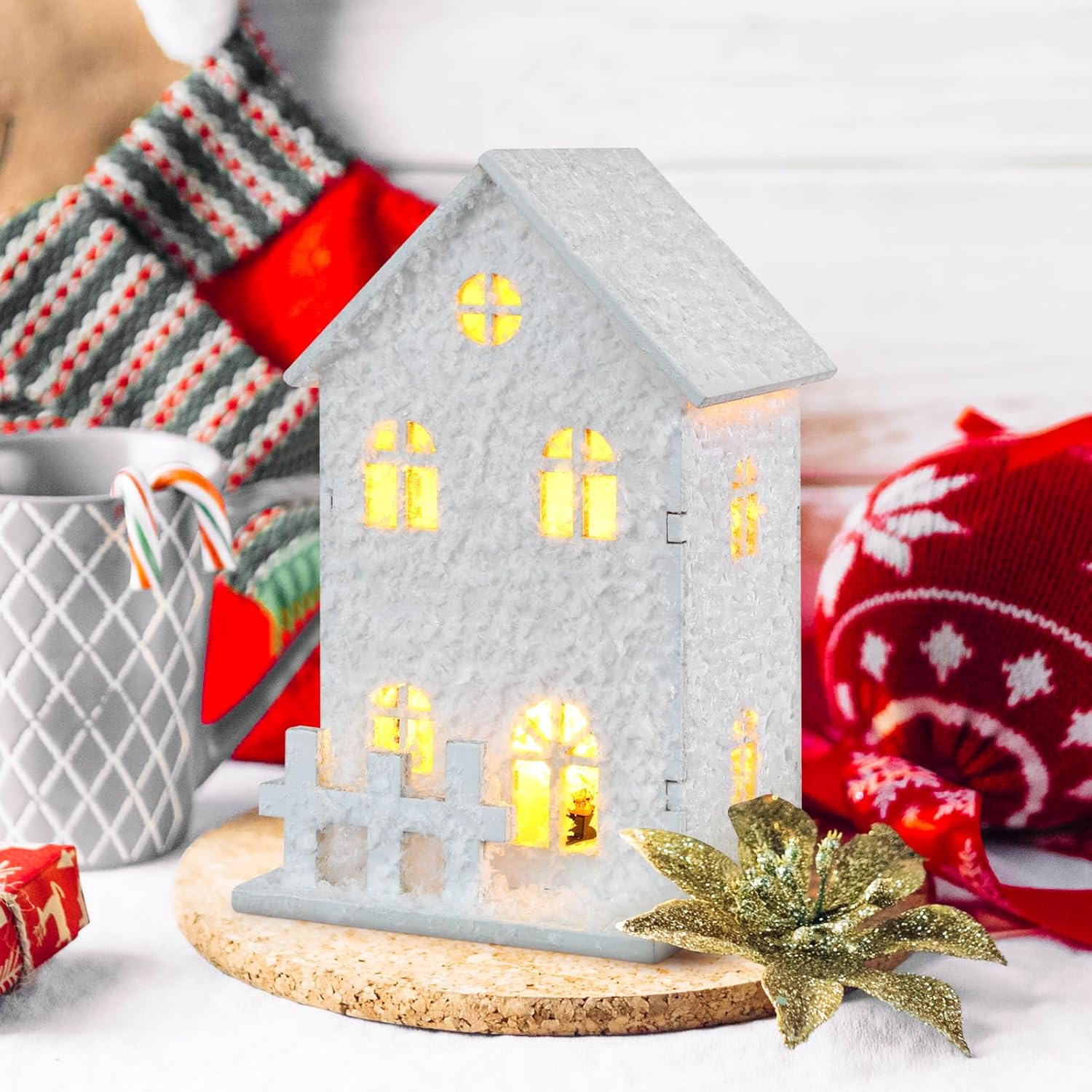 Totority Glowing Christmas Wooden House Ornaments,3pcs Illuminated Cabin Decor with Warm Light, Desktop Holiday Displays for Xmas Tree, Mantel, and Village Scenes, Natural Wood Material - Image 9