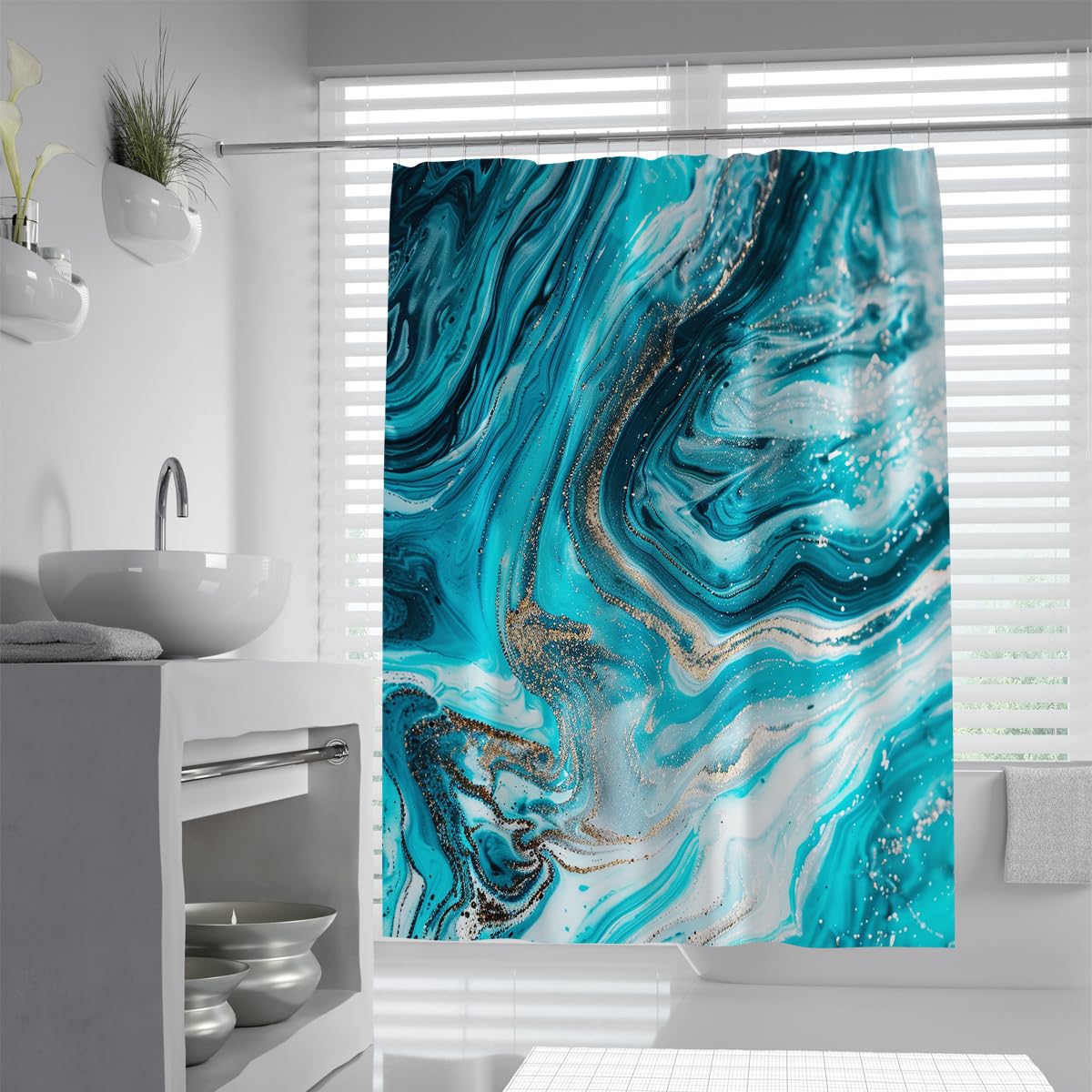 UIRINGART Artistic Bathroom Bathtub Curtains W150xL200cm Turquoise Cyan Marble Swirl Fluid Pattern Machine Washable Quick Drying Home and Hotel Bathroom Decor
