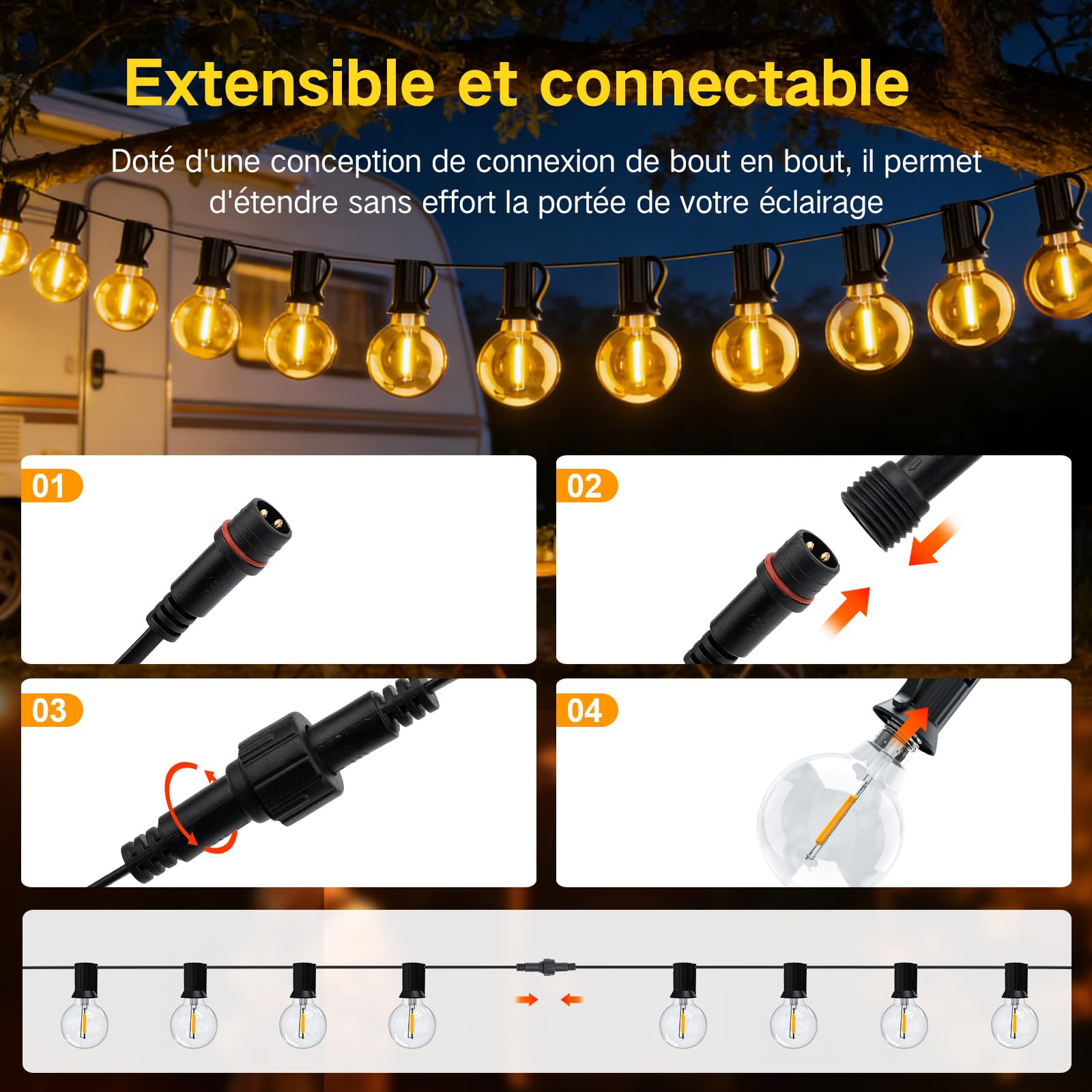 Guirlande Lumineuse Exterieure Guinguette Electrique 30M, G40 98.4FT Étanche LED Guirlande Ampoule Exterieur, Guirlandes Lumières Extérieur Connectable pour Jardin Terrasse Balcon Mariage