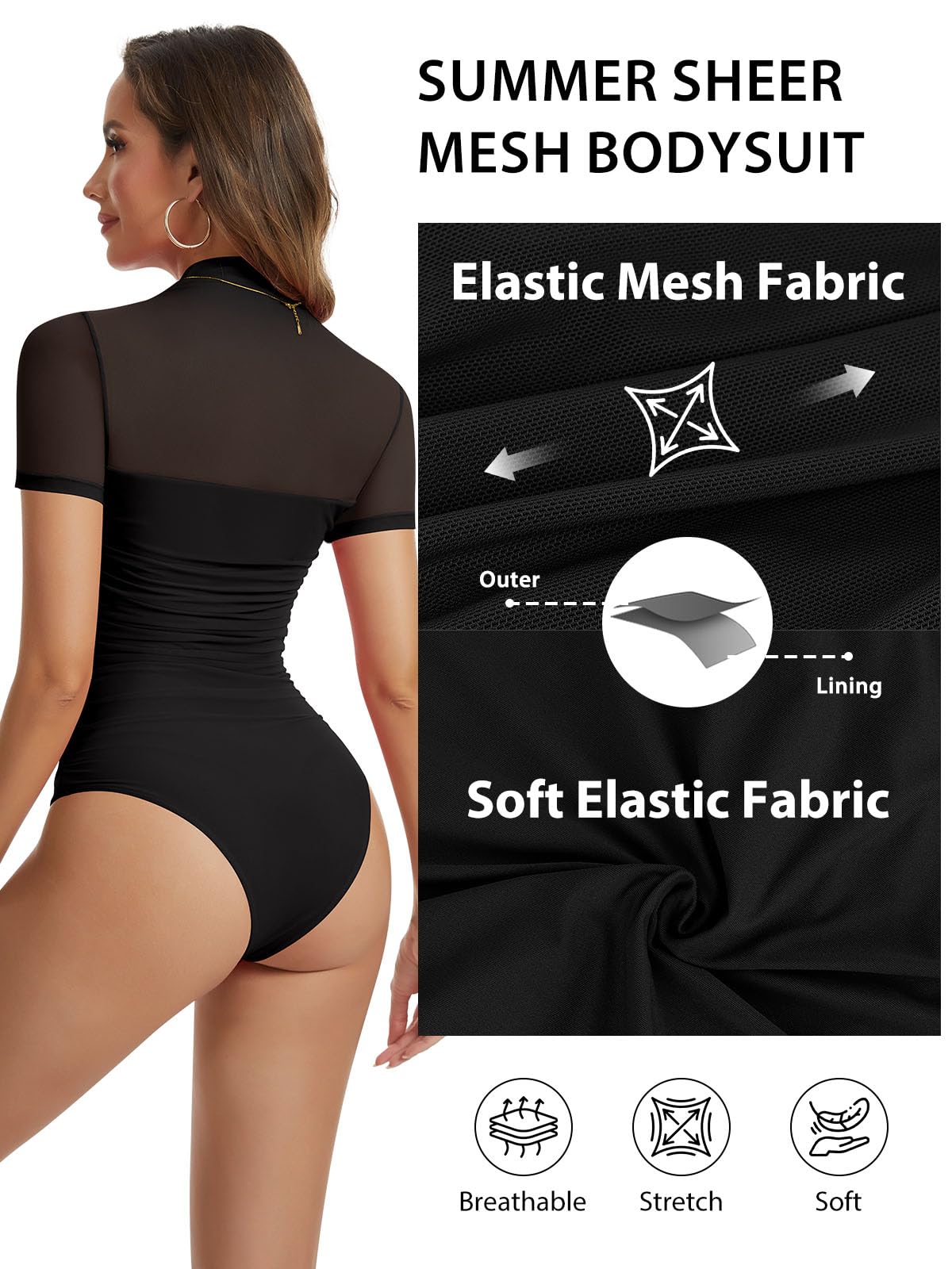 Joyshaper Body Damen Kurzarm Sexy Bodysuit Elegant Stehkragen Netzbody Leotard Top Damenbody Party Hochzeit