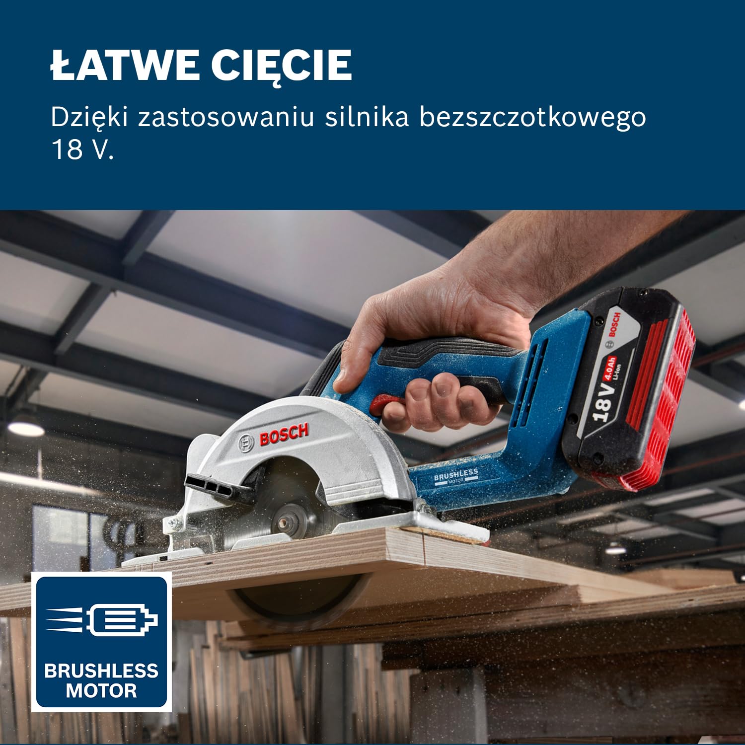 System profesjonalny 18 V firmy Bosch: akumulatorowa pilarka tarczowa GKS 18V-51 (silnik bezszczotkowy, 2 akumulatory GBA 18V 4.0Ah, ładowarka GAL 18V-20, 1 tarcza (140 mm), prowadnica równoległa)