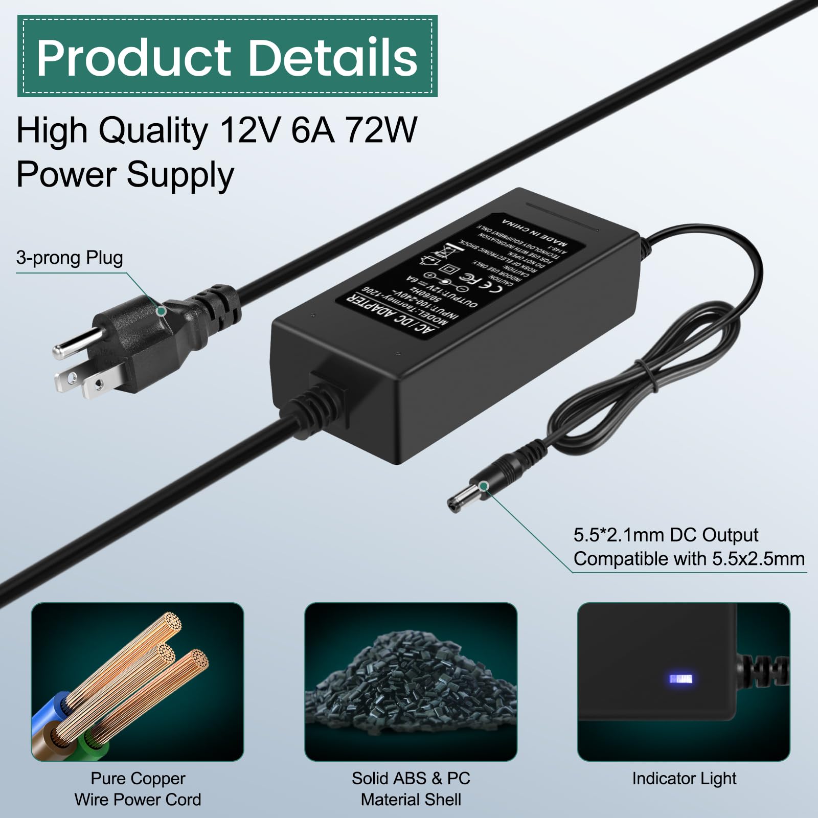 Fuente de alimentación CC, adaptador de CA a CC, Negro, CC 12 V 6 A