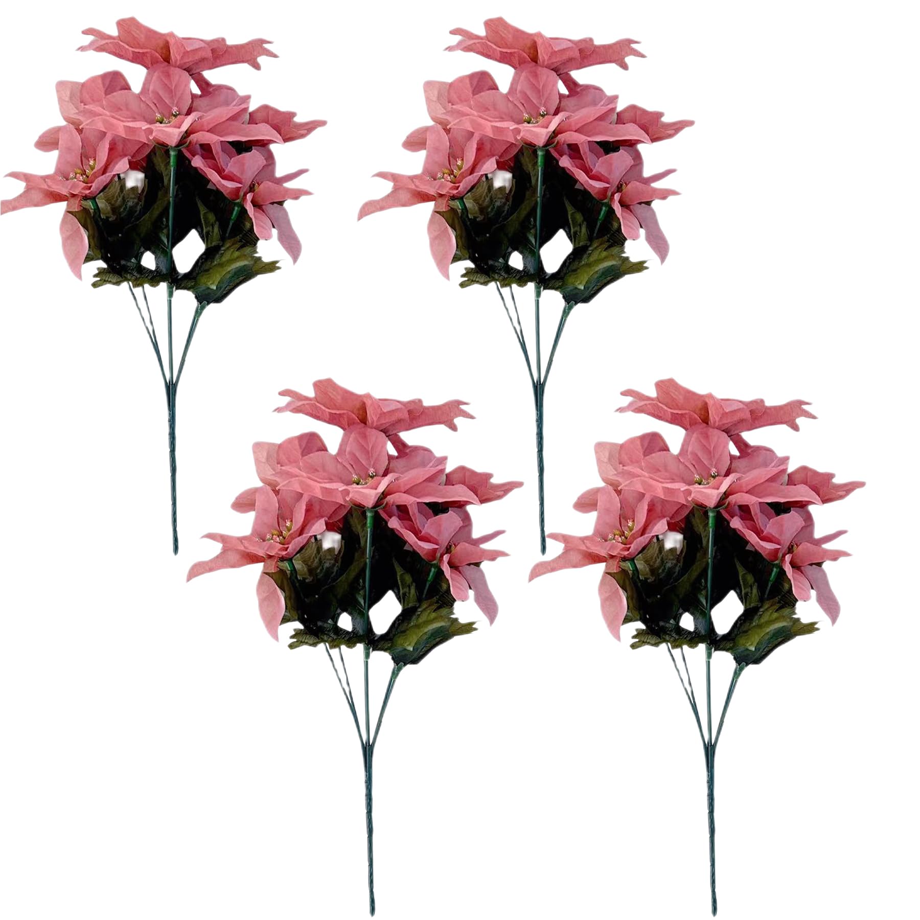 Poinsettia Artificial Flowers 7 Heads Artificial Poinsettia Bushes Fake Flowers Artificial Christmas Flower Silk Poinsettia Arrangement for Christmas Tree New Year Holiday Decoration (Pink, 4 PCS)