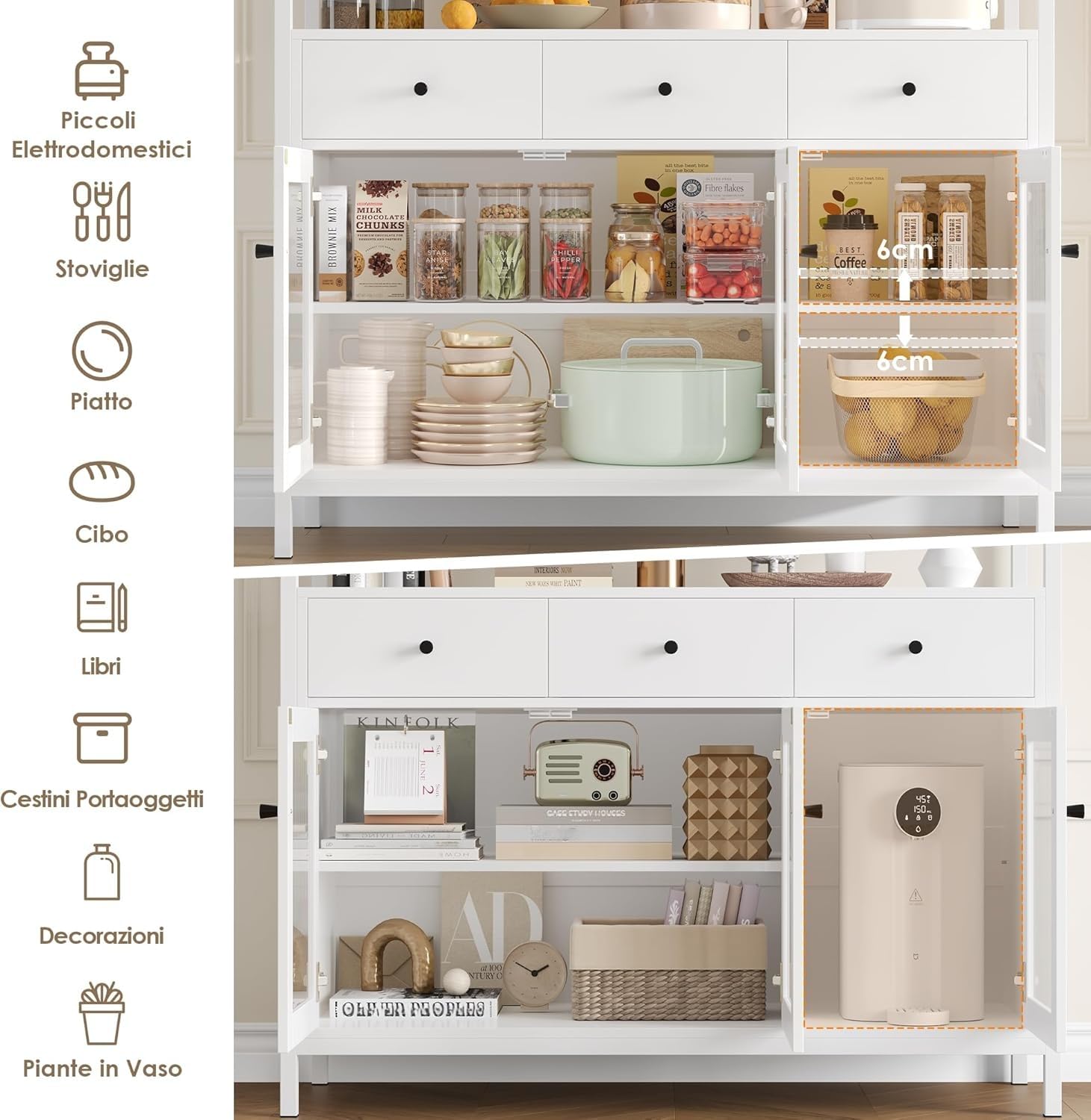 FirFurd Credenza Cucina,Mobile Cucina con 3 Cassetti e 3 Ante Bianco | Dispensa Cucina con Ante Vetro Temperato｜Credenza Soggiorno a Ripiani Regolabili｜per Sala da Pranzo, Soggiorno｜108x38x98,5 cm