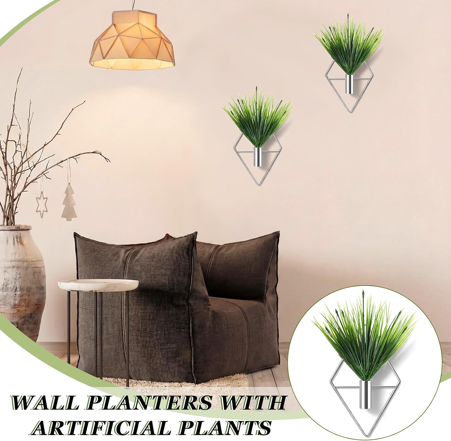 Wall Hanging Planters with Artificial Plants Silver view 6