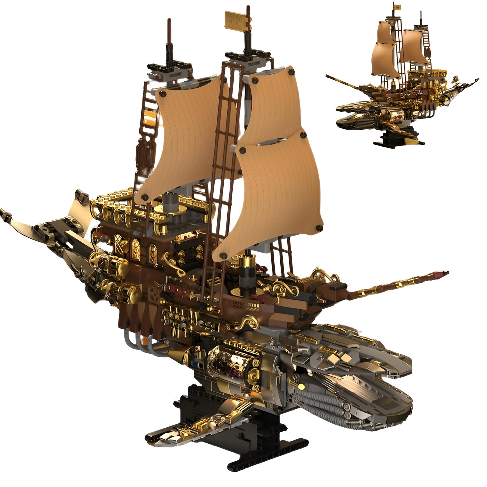 Steampunk Luftschiff Bausteine Bausatz – 1979Stk Walförmiges Fantasie Flugschiff mit Segeln Spielzeug, Retro Piratenschiff Klemmbausteine, Mechanische Geschenke Erwachsene & Hobbyisten Heim Büro Deko
