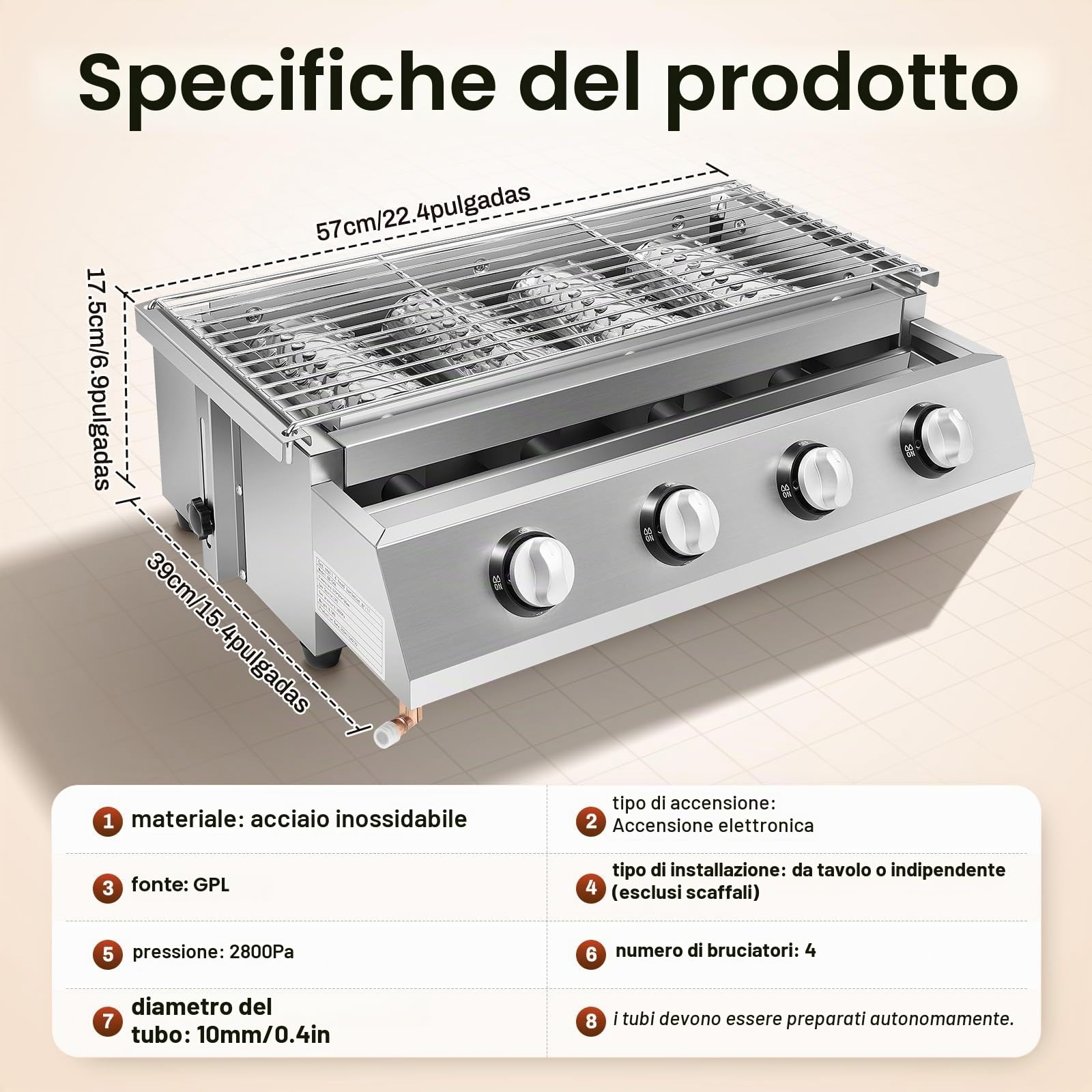 Griglia a gas a 4 fiamme, portatile, in acciaio inox, da tavolo, a gas, con 4 piastre in acciaio, colore argento, regolabile in altezza, per campeggio, riunioni