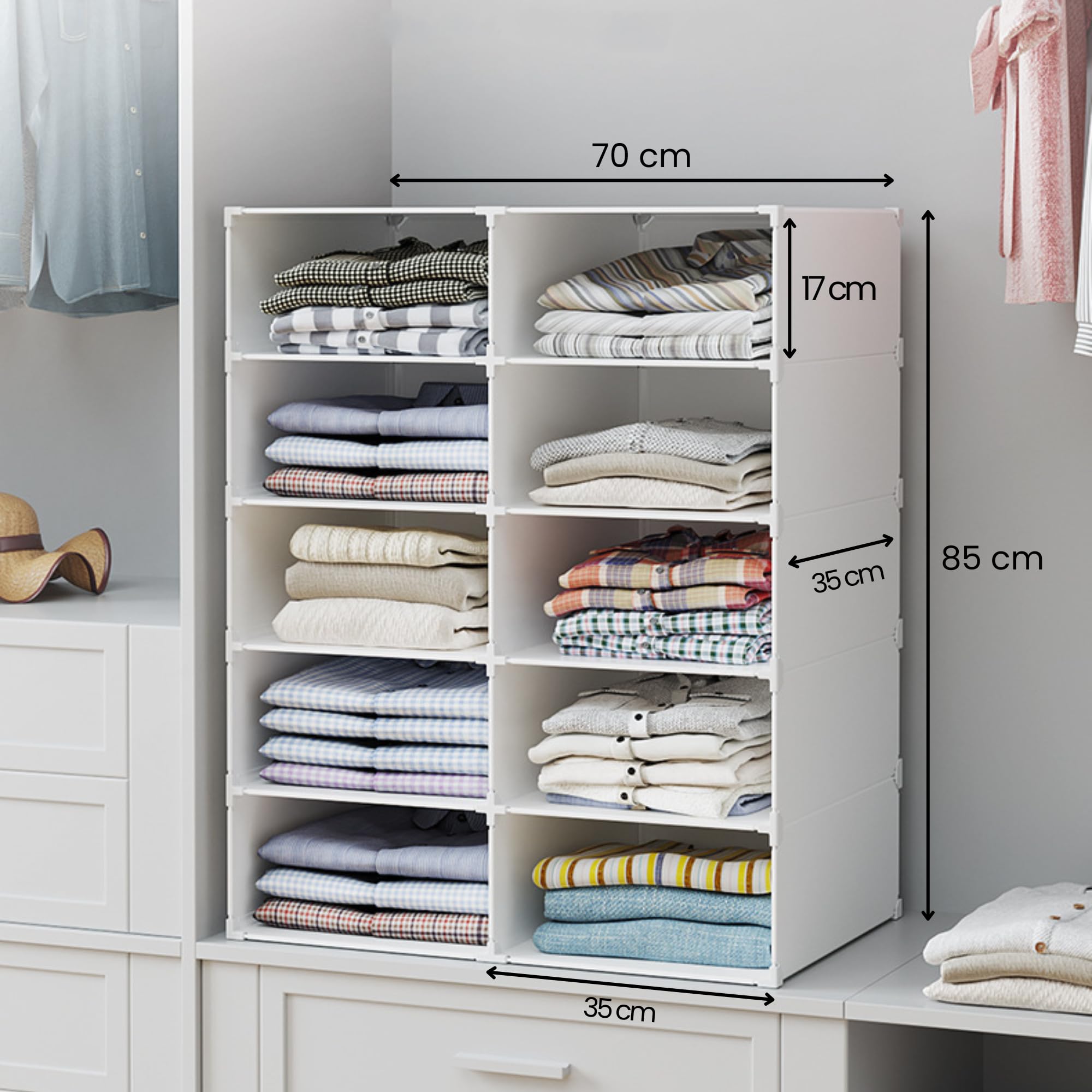 Scaffalatura Modulare, Organizzatore di Vestiti per Armadio, Scaffale per Camera, Corridoio. Scaffalature per Casa, Corridoio, Camera da Letto. 10 Moduli.