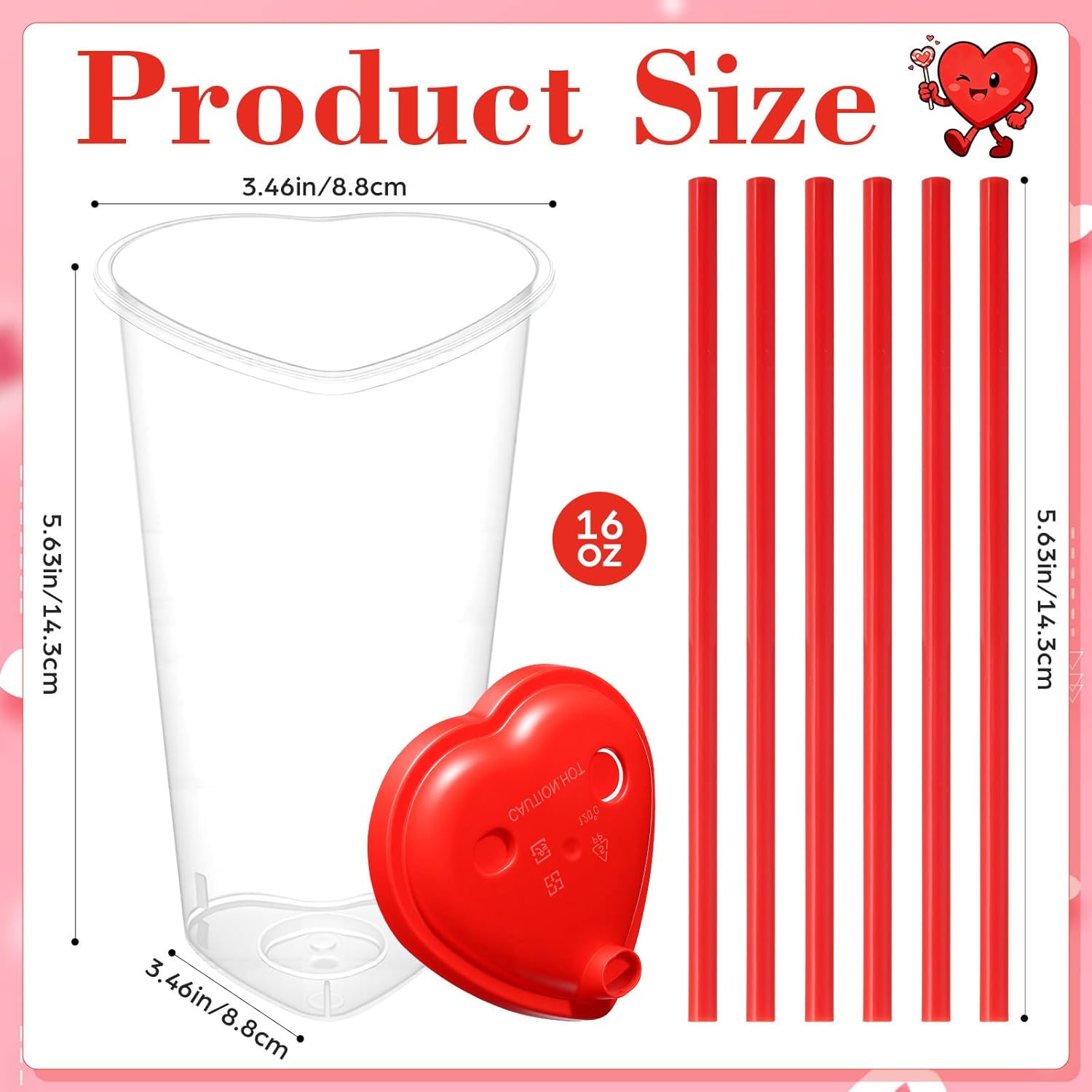 30 Set Clear Heart Shaped Plastic Cups with Lids and Straws - 16 oz Disposable Cups Bulk for Valentines Birthday Wedding Mother's Day Anniversary Summer Party Supplies (Red and Red)