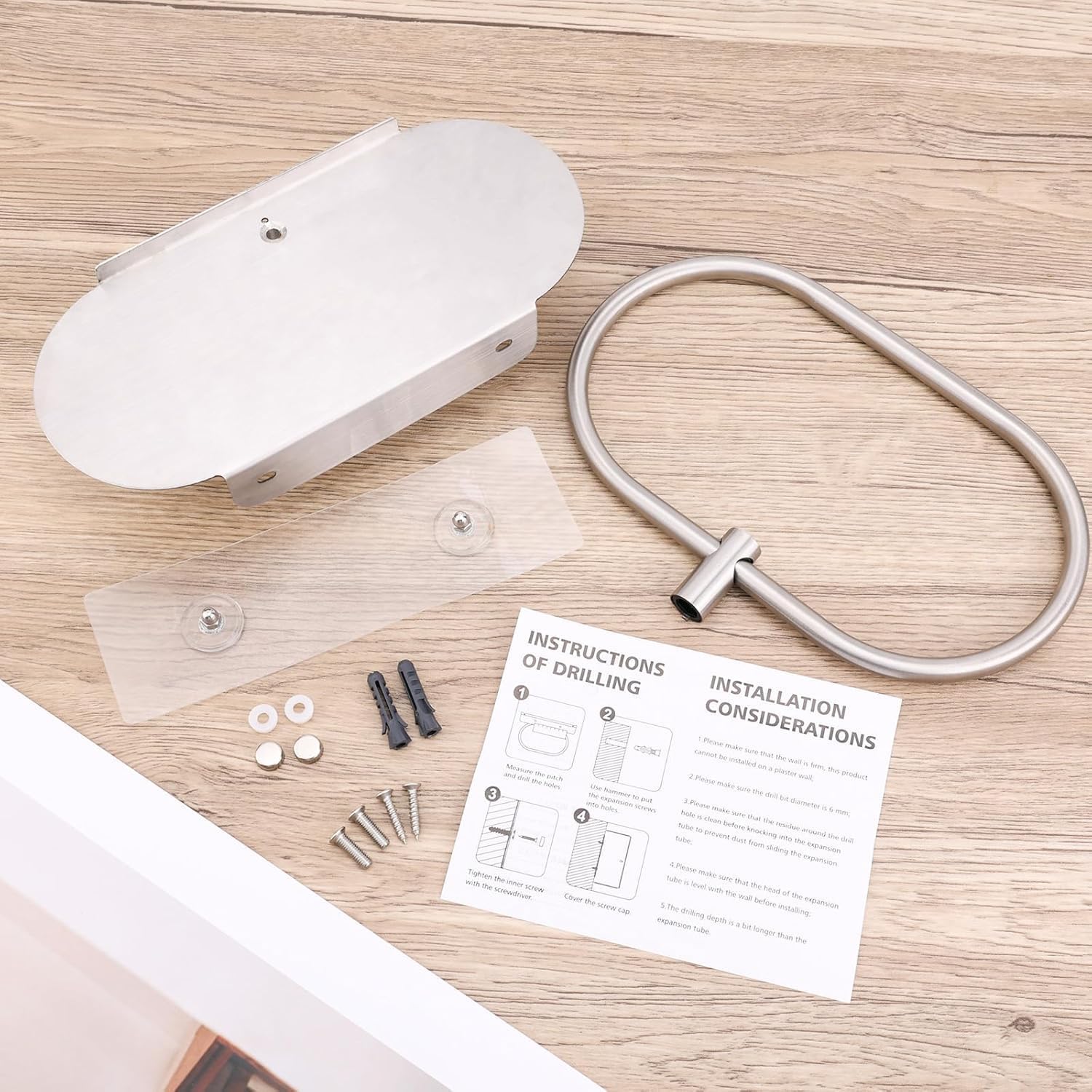 Hand Towel Holder with Shelf, Oval Durable 304 Stainless Steel Adhesive Bathroom Towel Holder Hanger Wall Mounted Rings Practical Kitchen Bathroom Accessories(Silver)