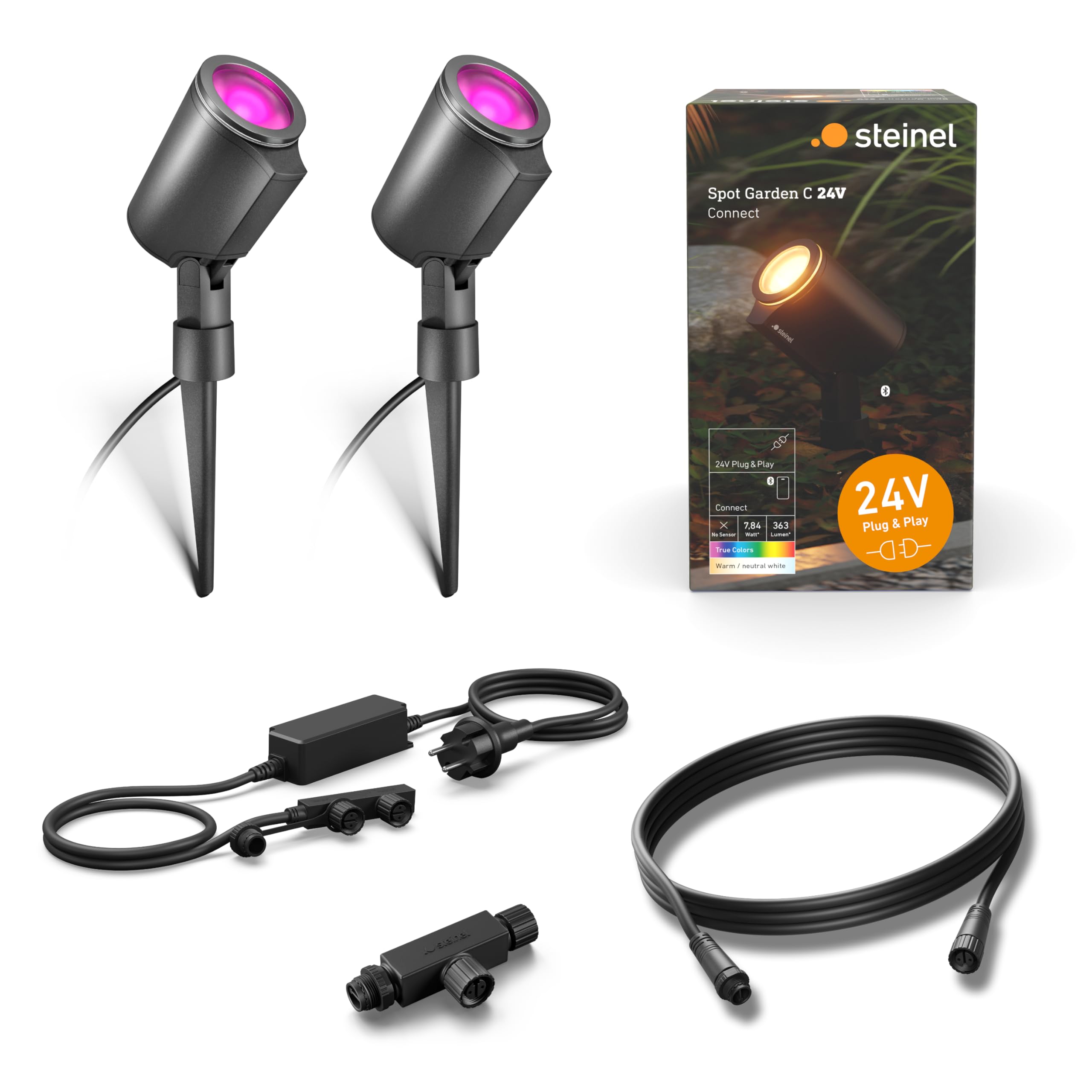 Steinel Spot Garden C 24V Starter-Set, inkl. 2x LED-Gartenstrahler mit Erdspieß und Zubehör, RGBWW, 16 Mio. Farben, App-Steuerung, Plug & Play, IP65, Anthrazit