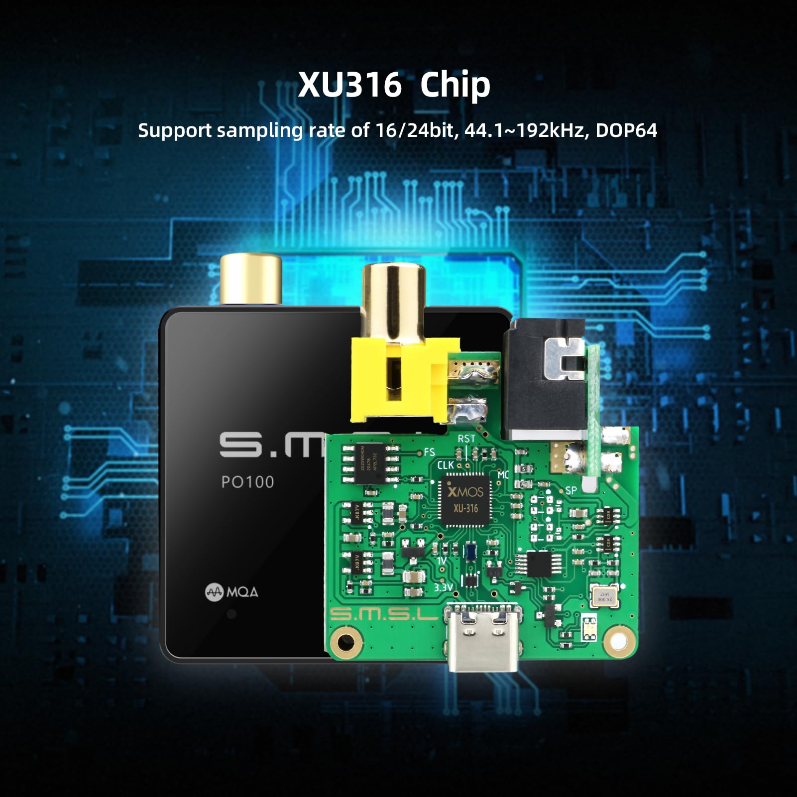 SMSL PO100 2024 XU316 Digital-zu-Analog-Audio-Wandler, MQA-Entschlüsselung USB zu Toslink Coaxial/Optischer Audio-Adapter, Mini USB-zu-Coaxial-Kabel-Adapter für Handy/PC/Player/Streamer (Schwarz)
