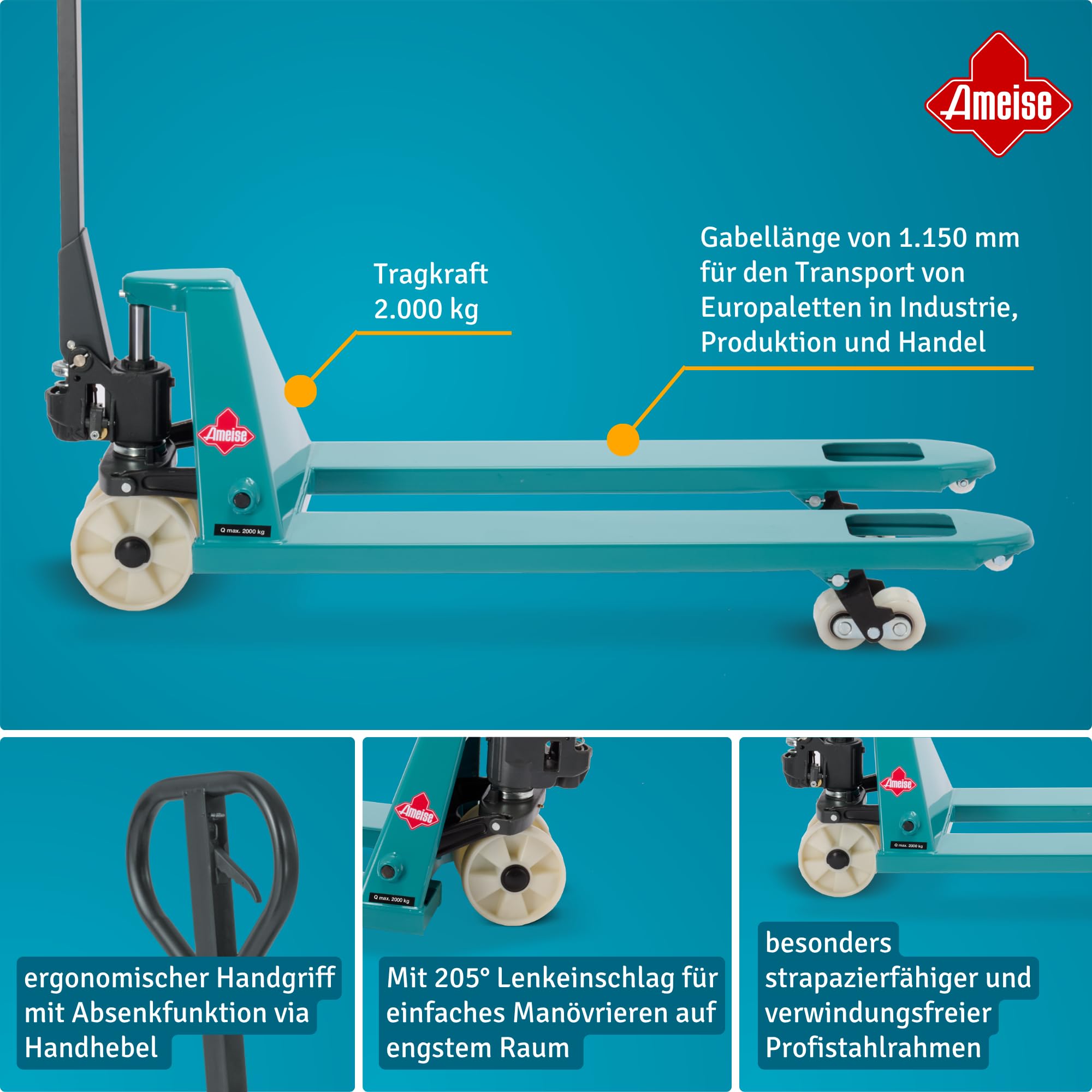 Ameise Hubwagen PTM | 2.000 kg Tragkraft | 1.150 mm Gabellänge | Lenkrad/Gabelrolle aus verschleißarmen Nylon | Tandem-Gabelrollen | Palettenhubwagen