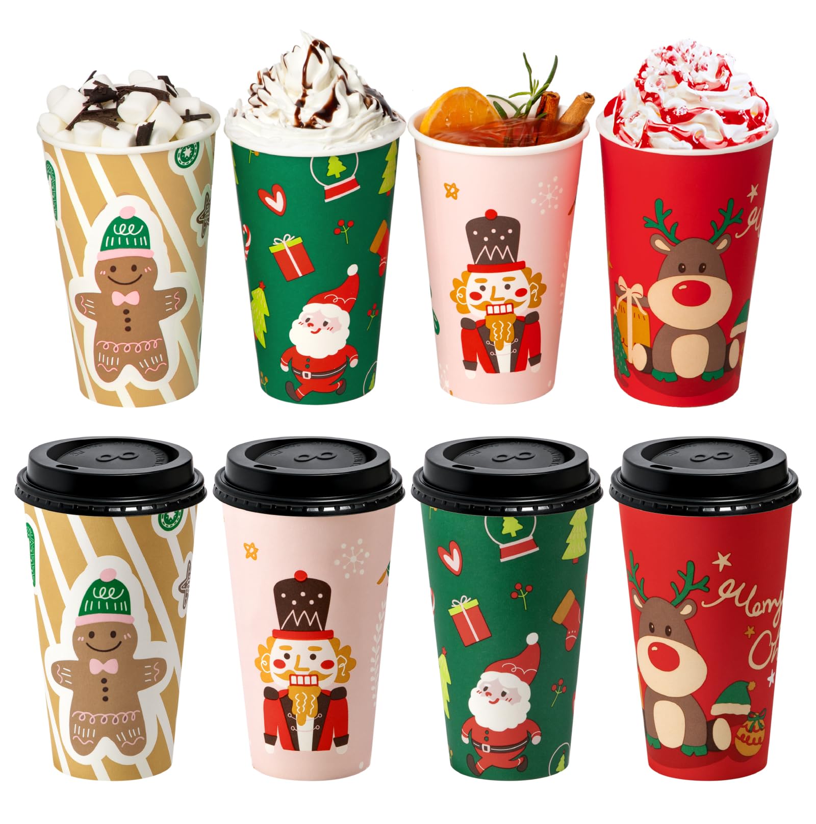 Fit Meal Prep 50 Pack 16 oz Christmas Disposable Coffee Cups with Lids, Premium To Go Paper Cups, Leak Proof Hot Coffee Cups with Lids for Travel, Office, Hot/Cold Beverages (Black Lids)