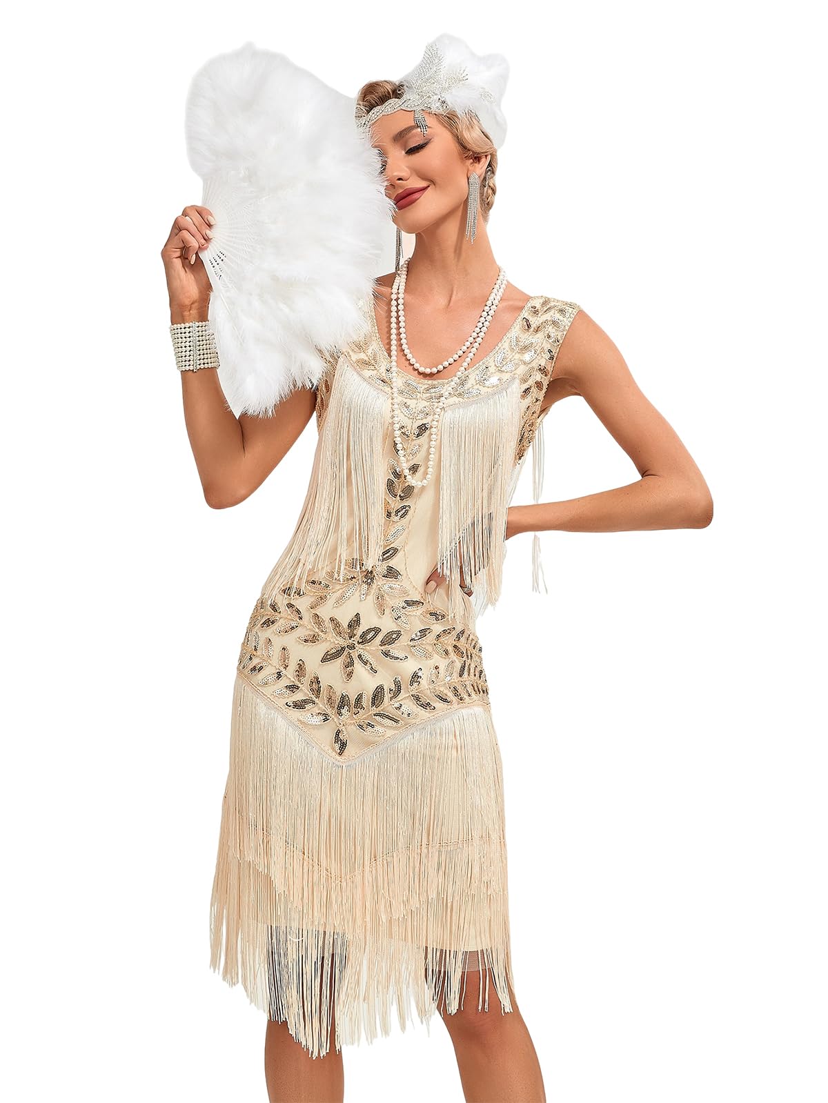 Viloree Robes Femme Flapper V Neck des années 1920 Perles frisées Grande Robe Gatsby