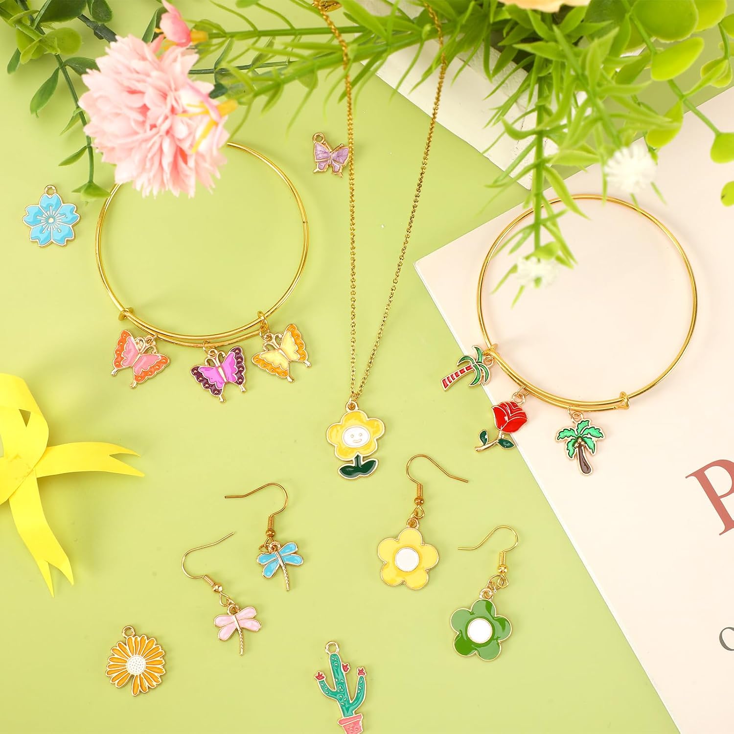 MARFOREVER 120 PCS Flower Butterfly Charms for Jewelry Making, Wholesale Assorted Enamel Mixed Bulk Metal Spring Summer Charms for DIY Necklace Bracelet Earring Crafting
