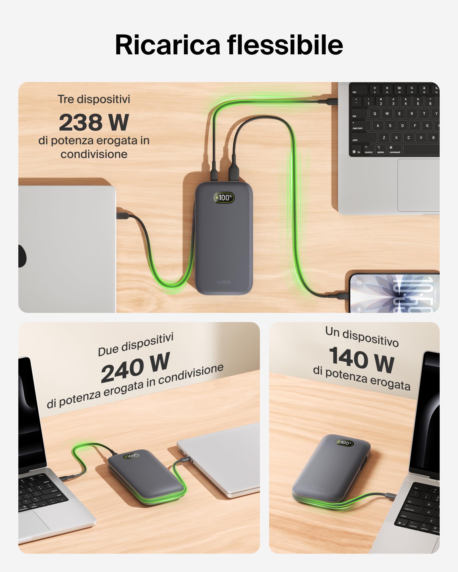 Belkin UltraCharge Pro Power Bank 27000mAh, Caricatore Portatile con Cavo USB C Integrato, USB PD 240W, Power Bank Portatile con Carica Rapida per MacBook Pro, iPhone, iPad Pro, Galaxy, Pixel, Carbone