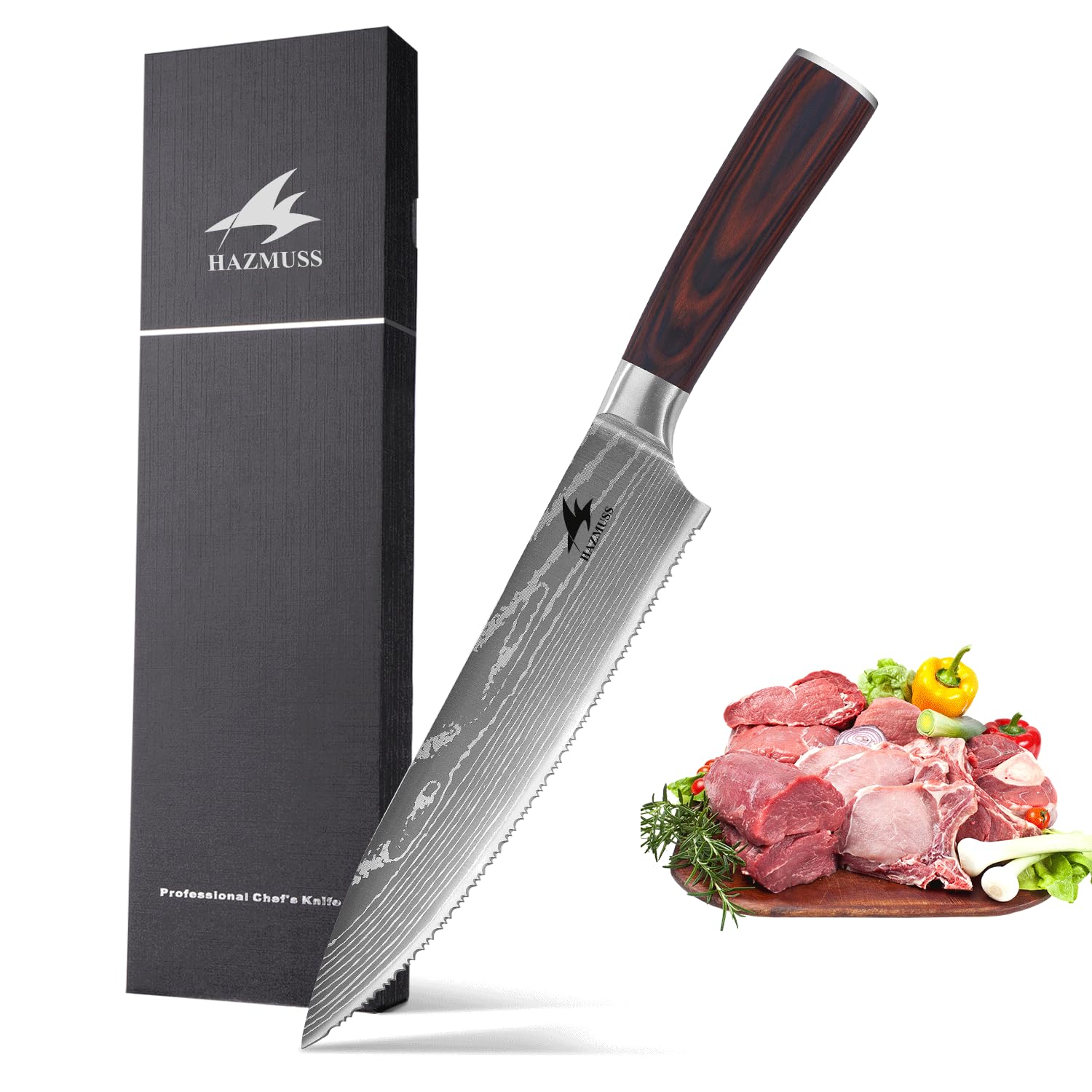 Coltello da Chef Seghettato 20,5 cm – Acciaio Inox ad Alto Carbonio, Manico in Legno Ergonomico – Ideale per Alimenti Congelati, Pane e Carne