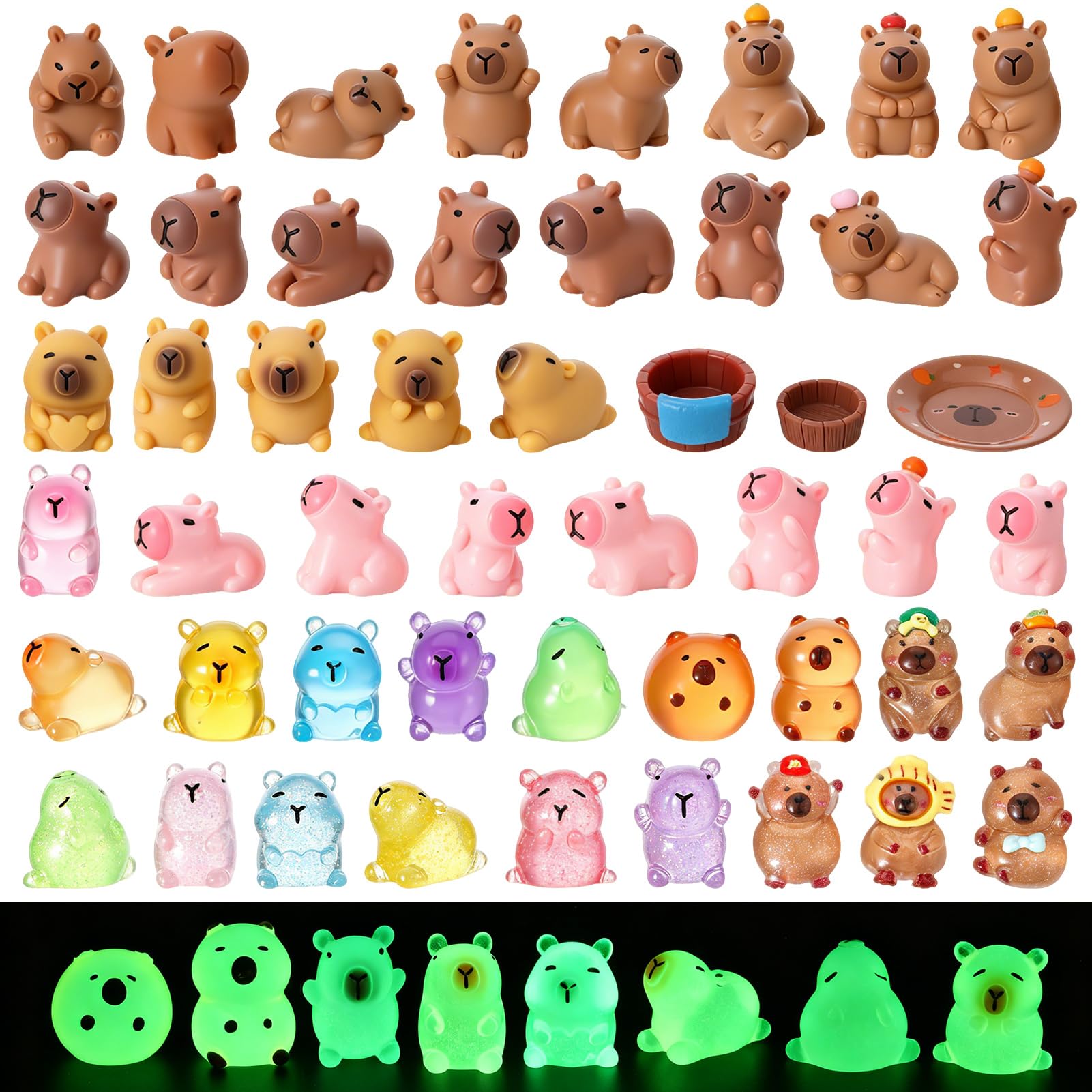 GSrenyu 50 Pcs Mini Capybara Figures, Mini Luminous Resin Animals