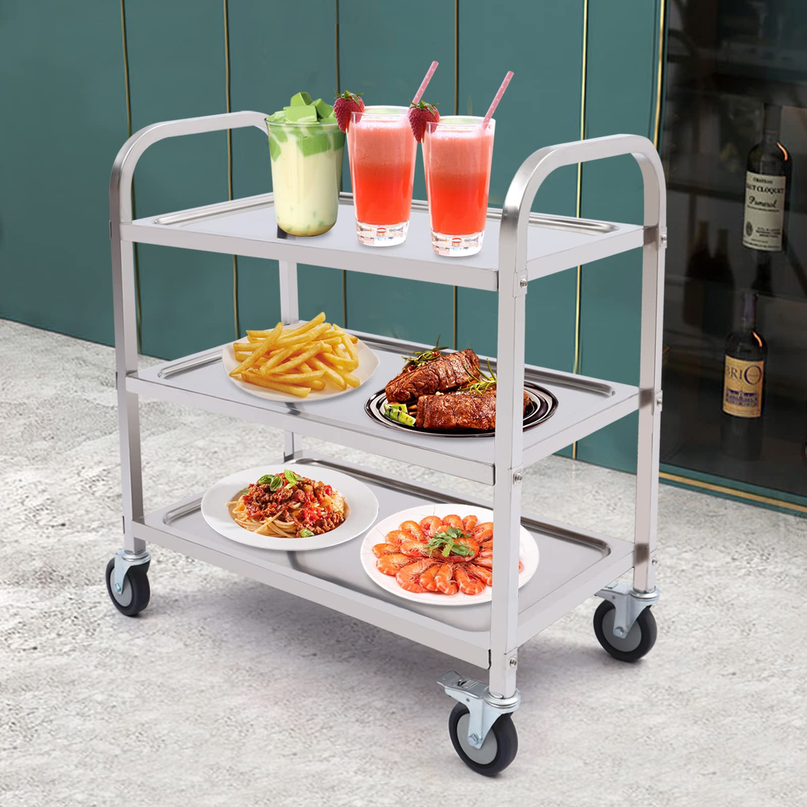 Carrello da portata in acciaio inox con 3 piani, carrello di servizio con ruote e freni di stazionamento, grande servizio catering, carrello per stoviglie, 85 x 45 x 90 cm, argento, per cucine