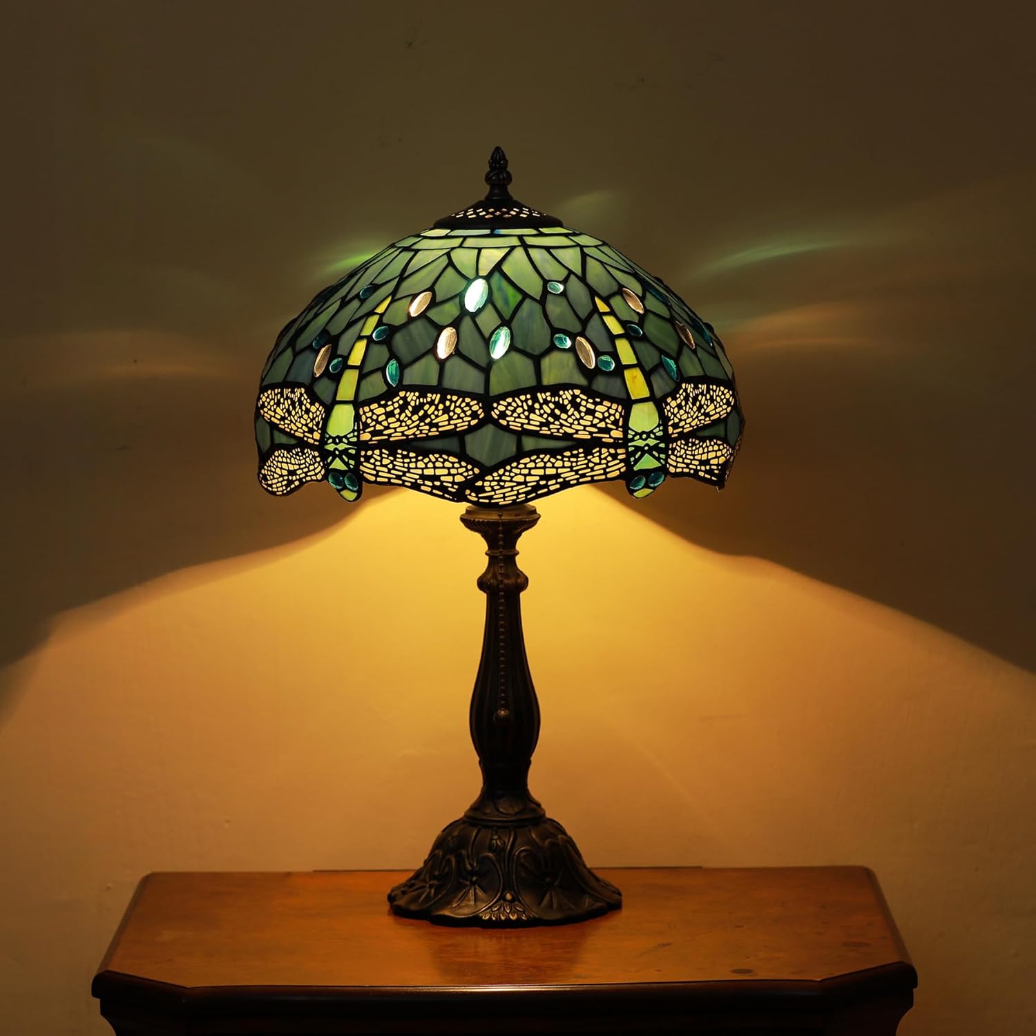 Tiffany Lamps Sea Blue Dragonfly Style Stained Glass Table Lamp Desk Bedside Reading Light 12X12X18.5 Inches with Bronze Resin Base Applicable to Bedroom Living Room Office